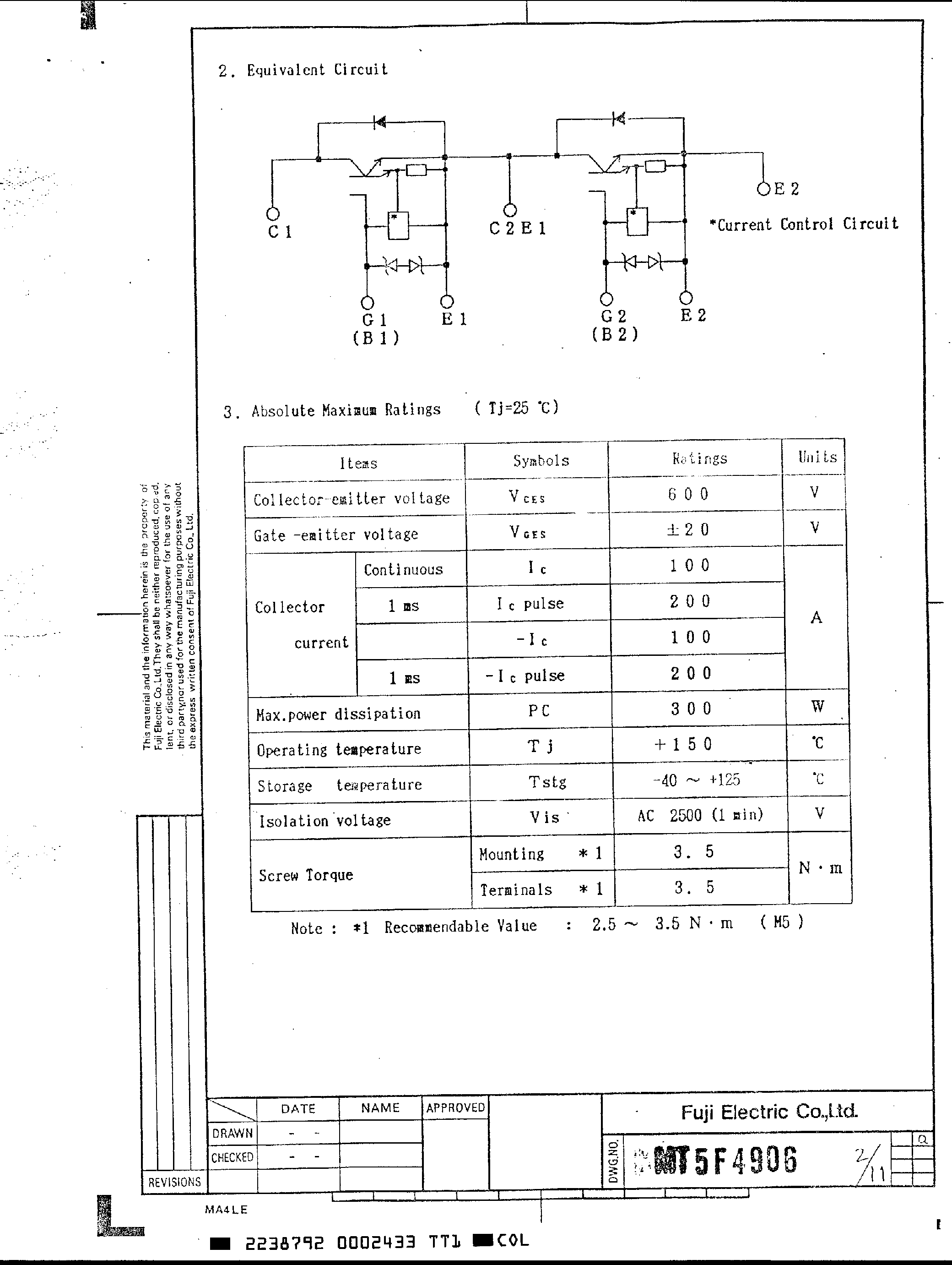 Datasheet 2MBI100J-060 page 2 Datasheet 2MBI100J-060 - TRANSISTOR IGBT POWER MODULE page 2