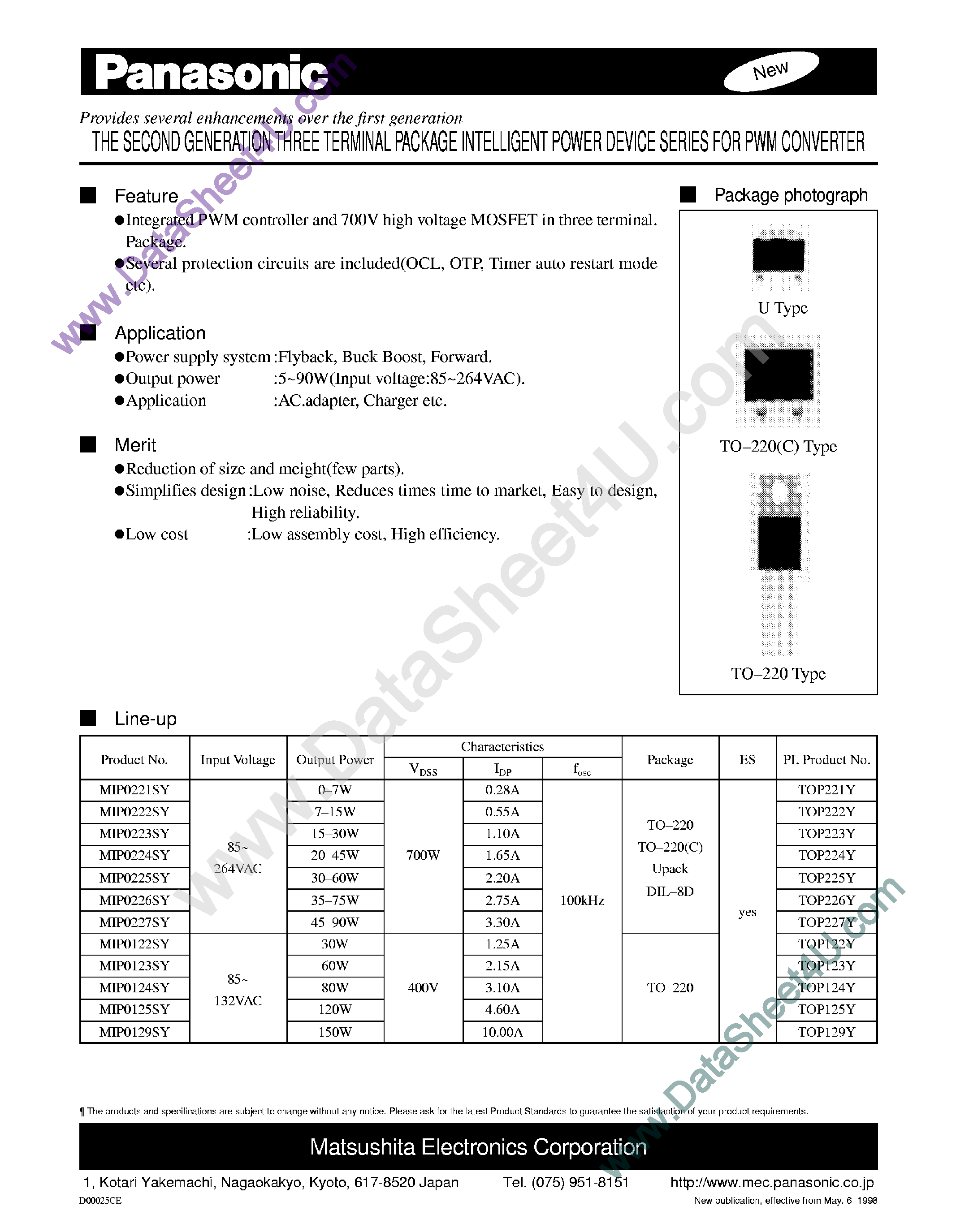 Datasheet MIP0122SY page 1 Datasheet MIP0122SY - (MIP0xxxSY) Second Generation Three Terminal Package Intelligent Power Device Series page 1