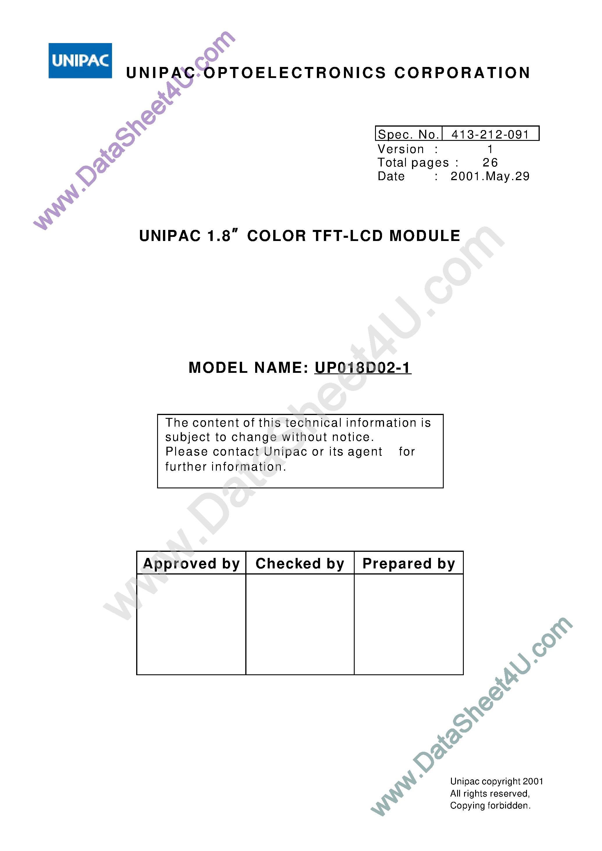 Datasheet UP018D02-1 page 1 Datasheet UP018D02-1 - NTSC Color TFT page 1