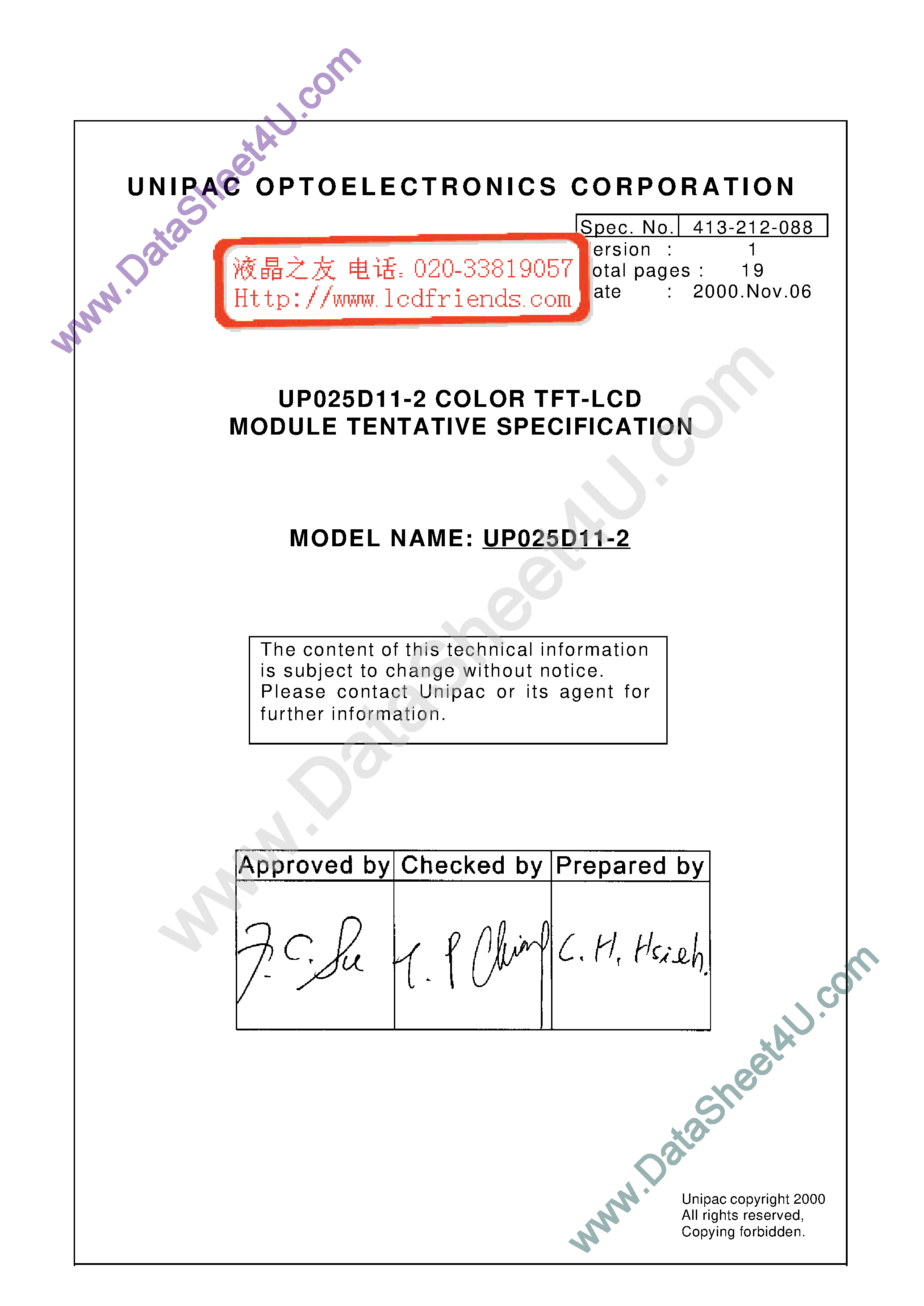 Datasheet UP025D11-2 - NTSC Color TFT page 1