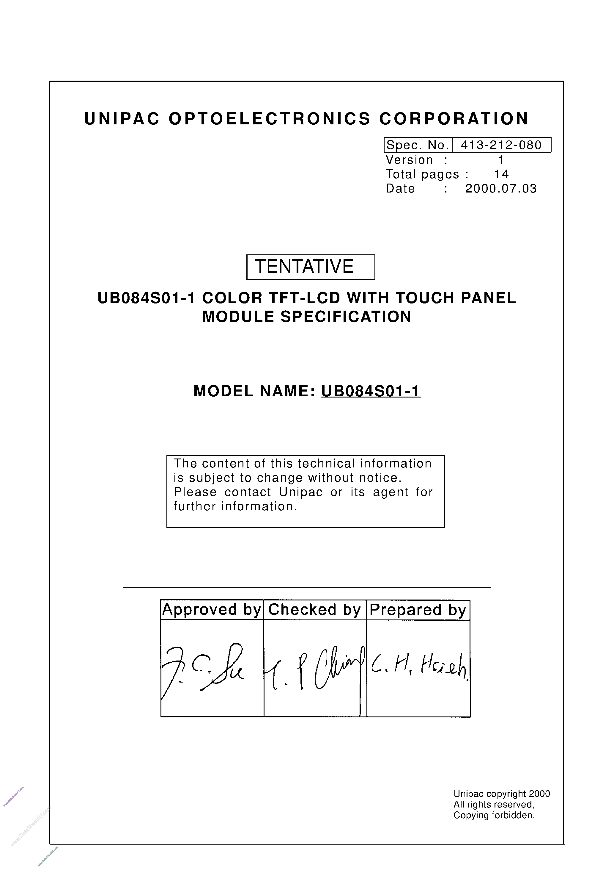 Datasheet UB084S01-1 - TFT LCD TOUCH PANEL page 1