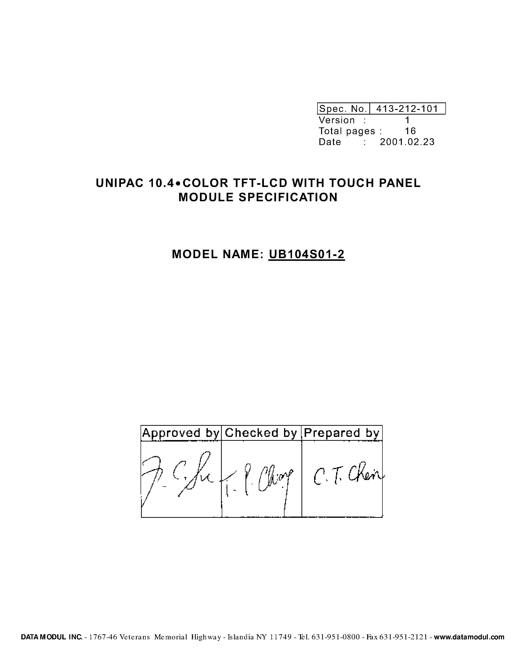 Datasheet UB104S01-2 - TFT LCD TOUCH PANEL page 2