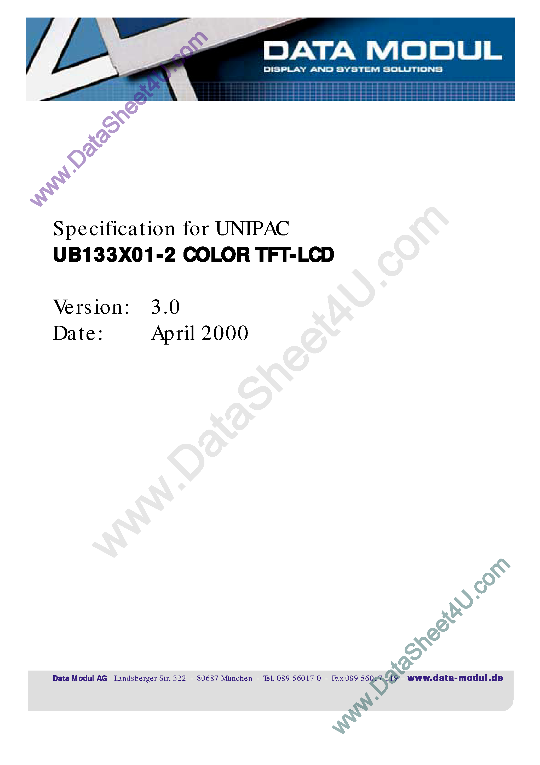 Даташит на микросхему UB133X01-2 страница 1 Даташит UB133X01-2 - COLOR TFT LCD страница 1