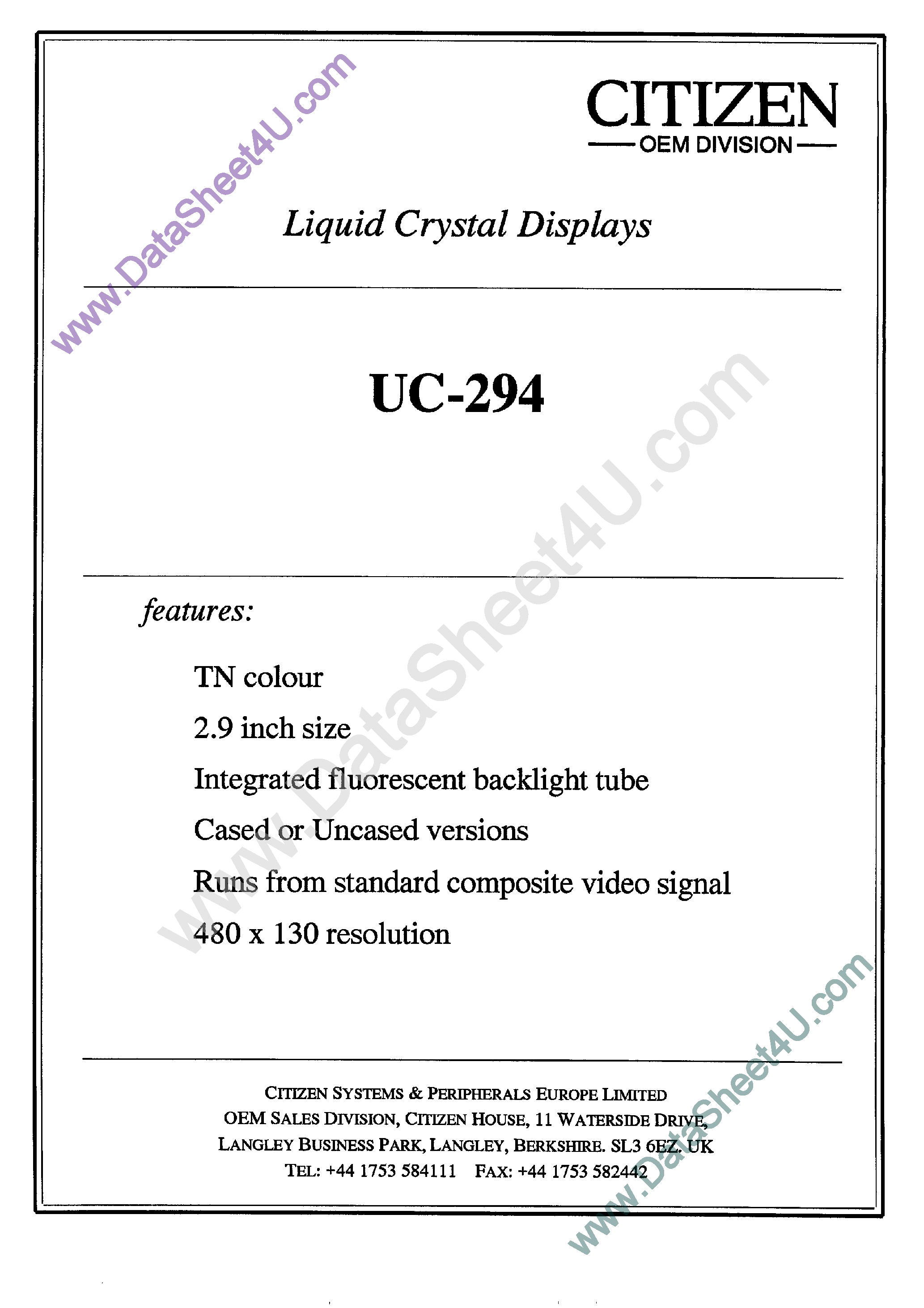 Datasheet uc294 page 1 Datasheet uc294 - Liquid Crystal Displays page 1