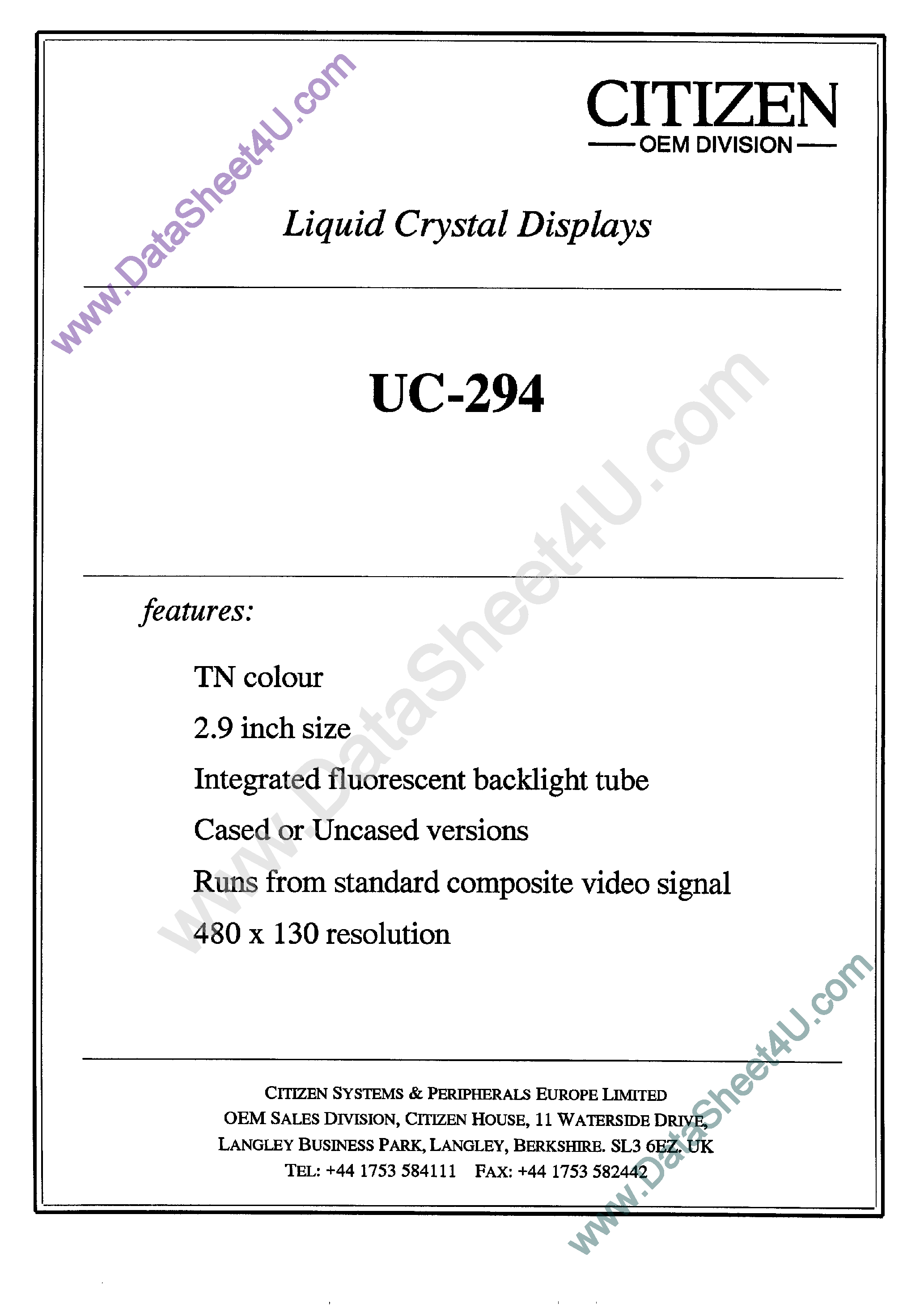 Datasheet uc294 - Liquid Crystal Displays page 1