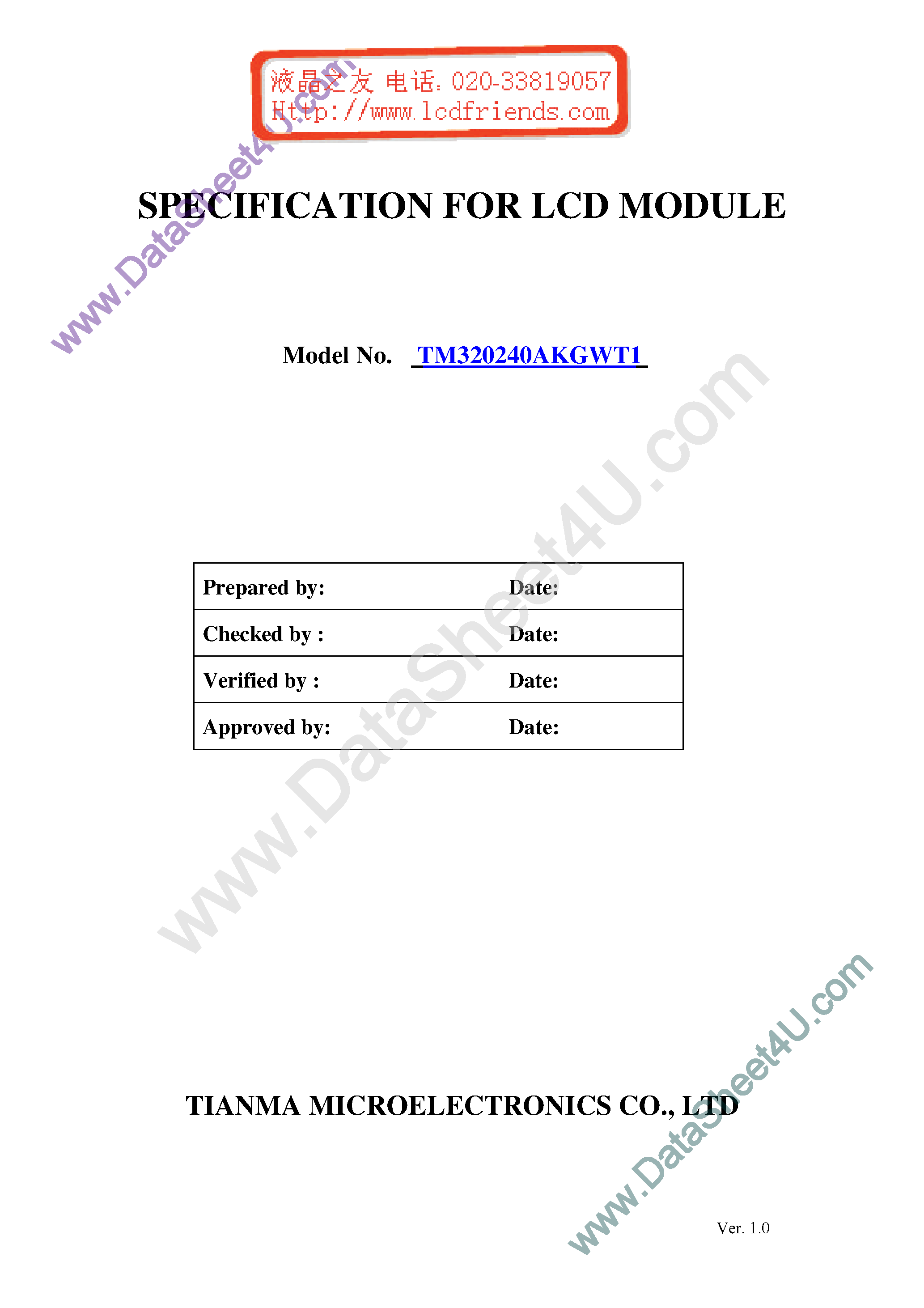 Datasheet TM320240AKGWT-1 page 1 Datasheet TM320240AKGWT-1 - LCD_Module page 1