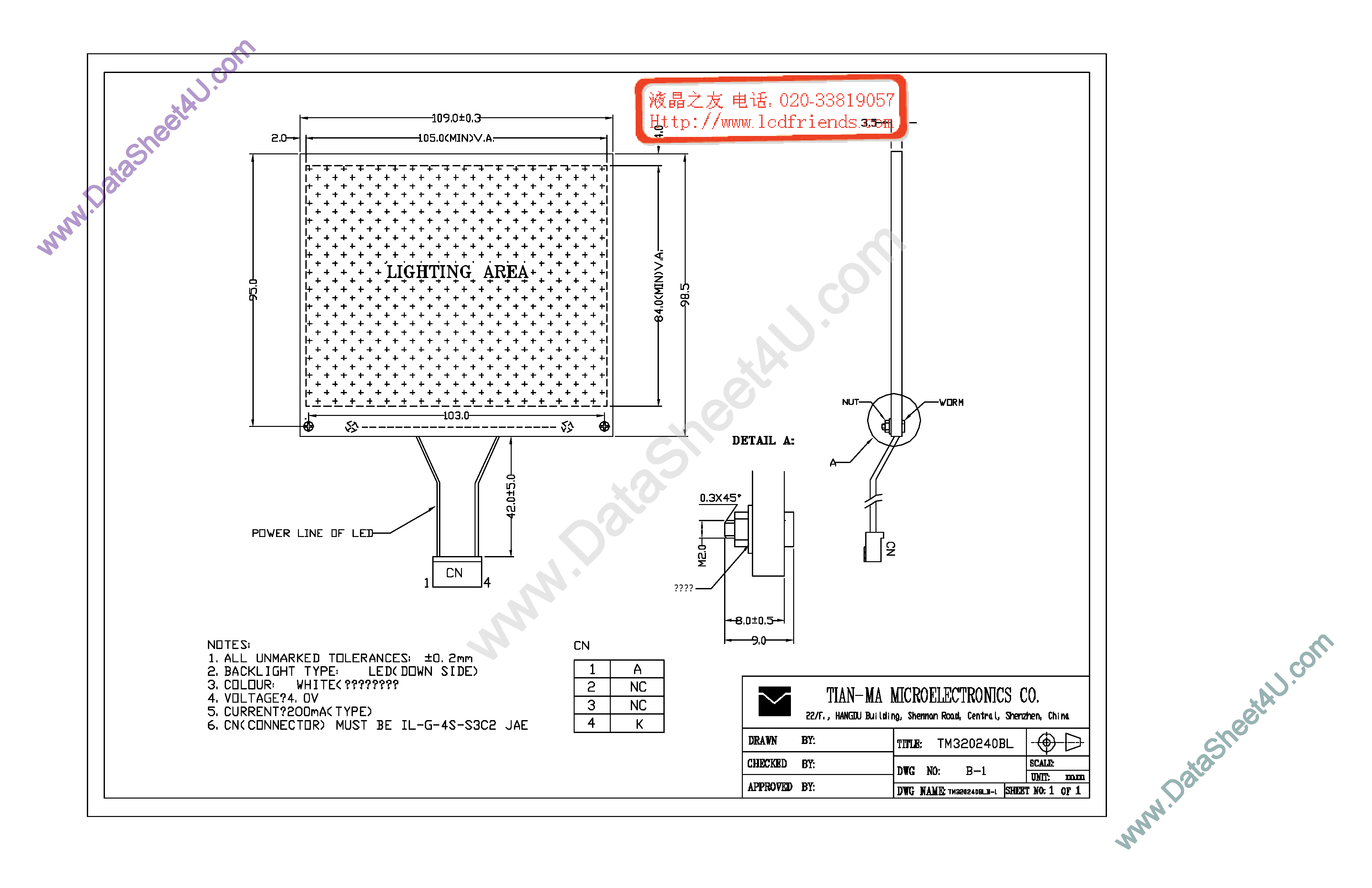 Datasheet TM320240BLB-1 page 1 Datasheet TM320240BLB-1 - LCD_Module page 1