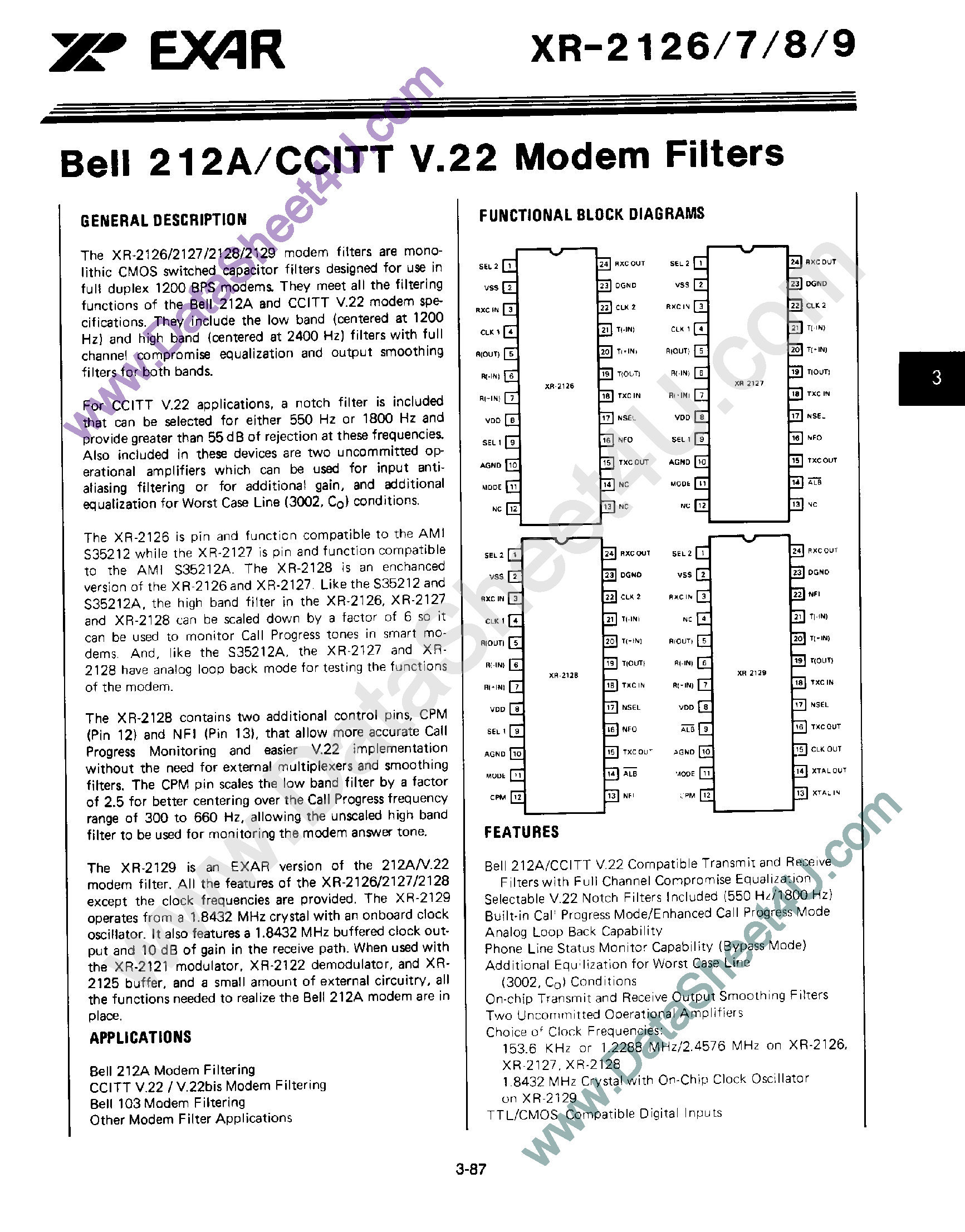 Даташит на микросхему XR2129 страница 1 Даташит XR2129 - Bell 212A / CCITT V.22 Modem Filters страница 1
