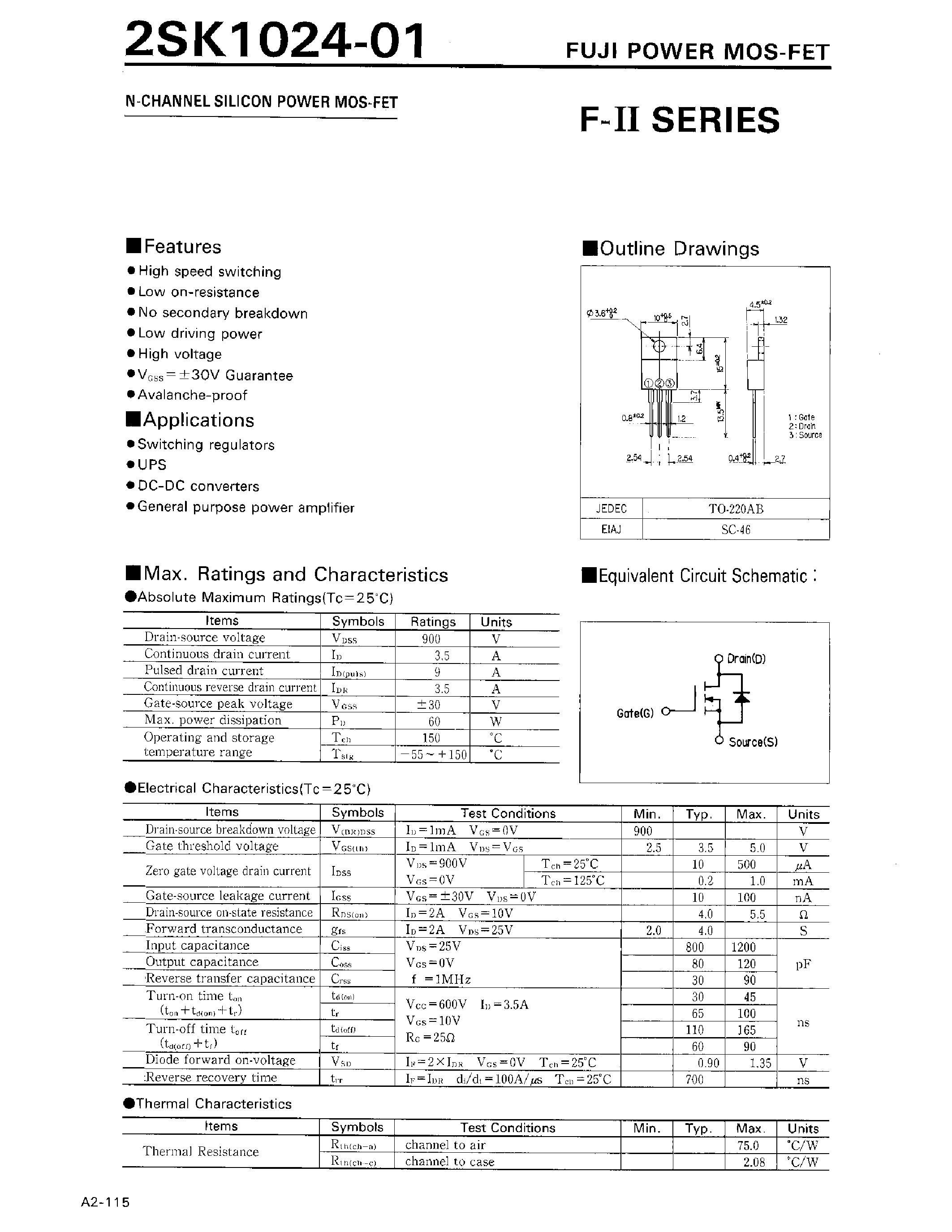 Даташит на микросхему 2SK1024-01 страница 1 Даташит 2SK1024-01 - N CHANNEL SILICON POWER MOSFET страница 1