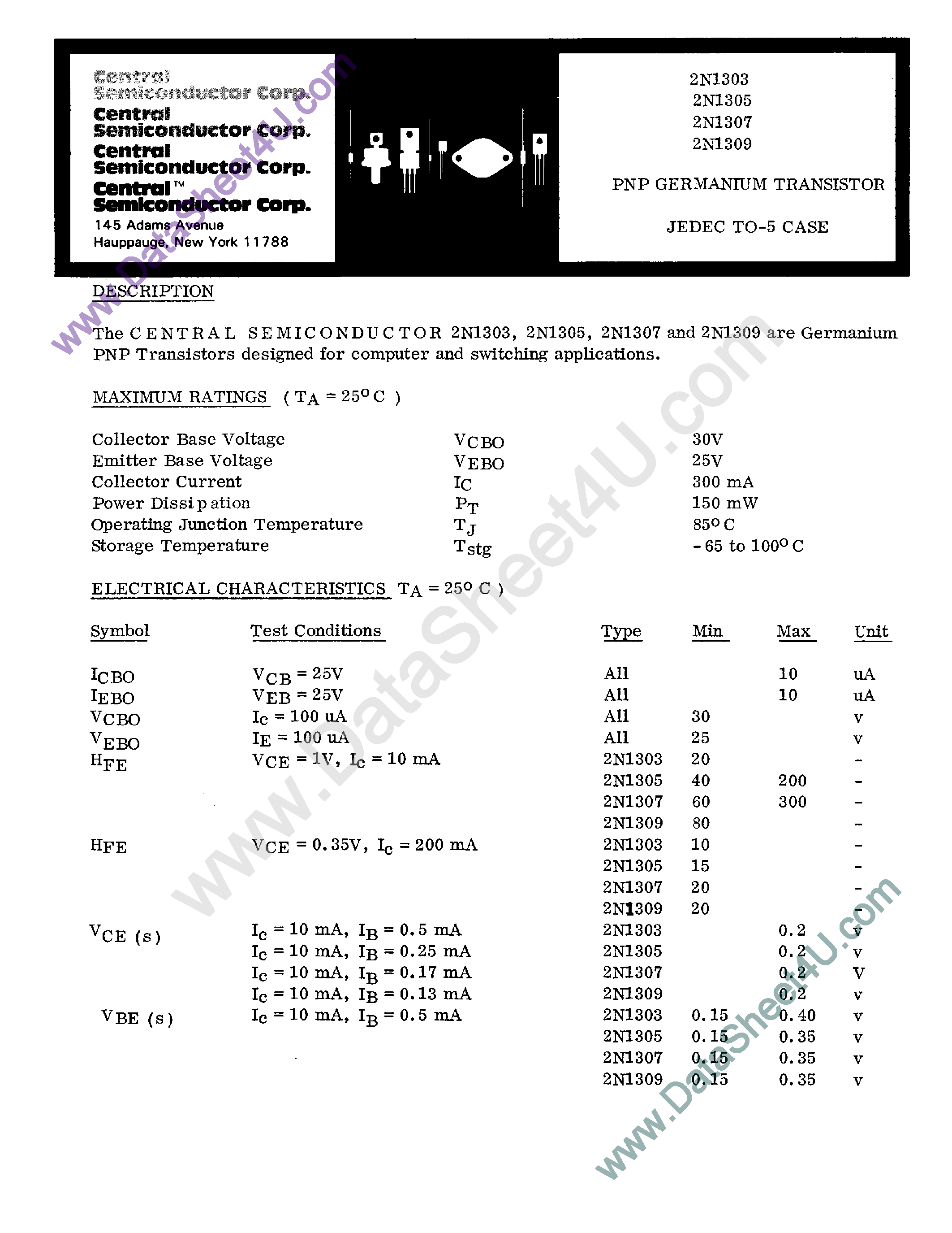 Даташит на микросхему 2N1303 страница 1 Даташит 2N1303 - (2N1303 - 2N1309) PNP Germantum Transistor страница 1