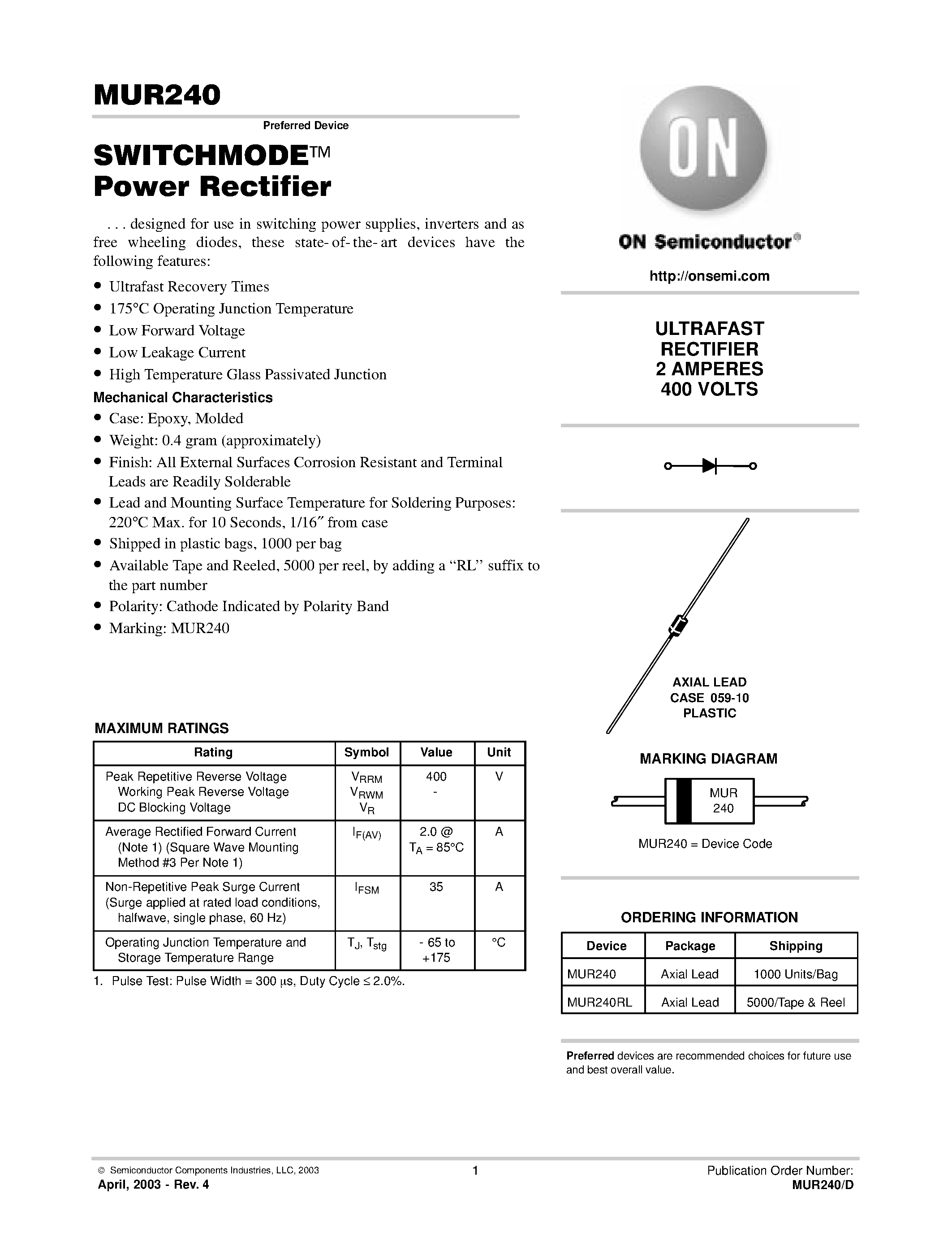 Даташит MUR240 - SWITCHMODE Power Rectifier страница 1