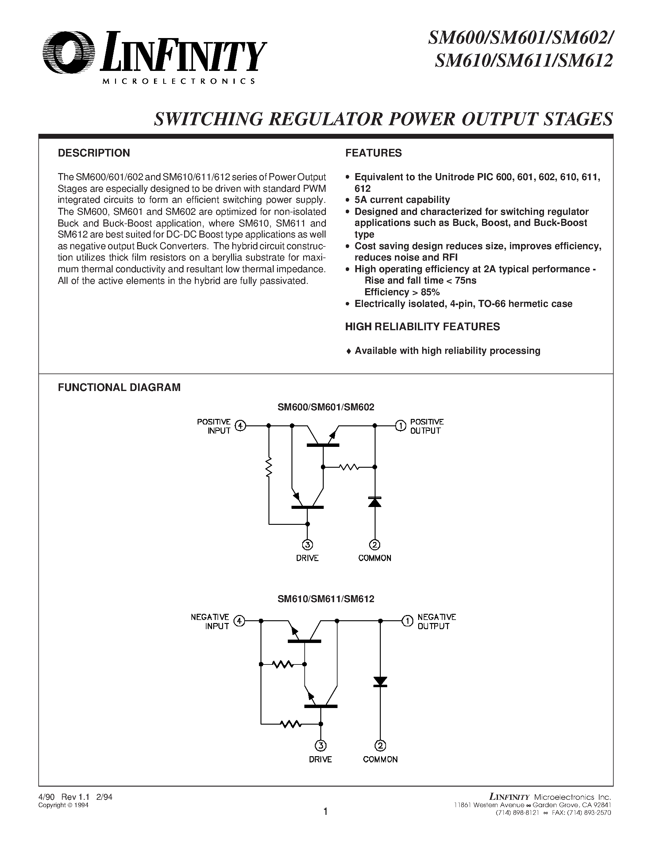 Даташит SM600 - (SM600 - SM612) SWITCHING REGULATOR POWER OUTPUT STAGES страница 1