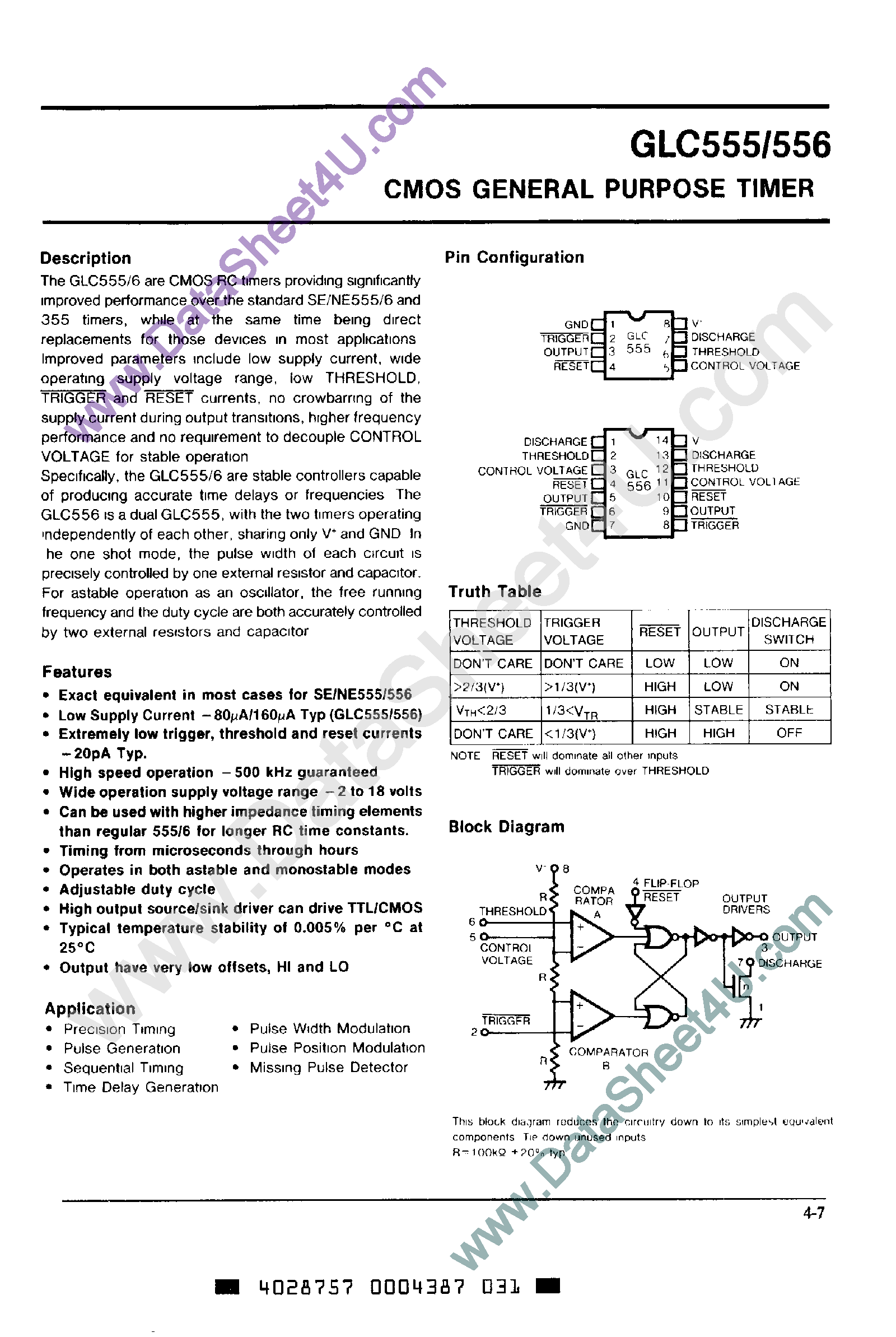 Даташит на микросхему GLC555 страница 1 Даташит GLC555 - (GLC555 / GLC556) CMOS General Purpose Timer страница 1