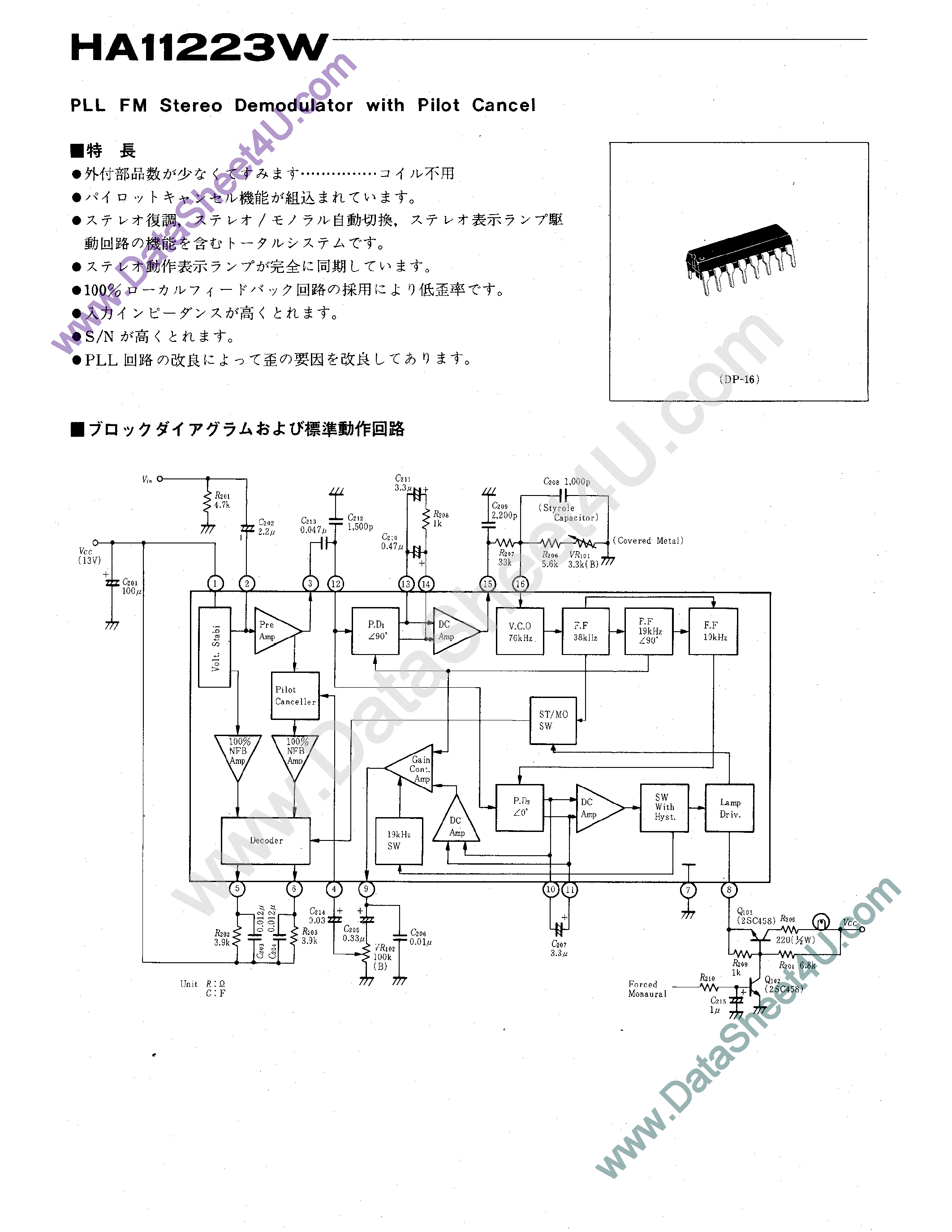 Даташит HA11223W - PLL FM Stereo Demodulator страница 1