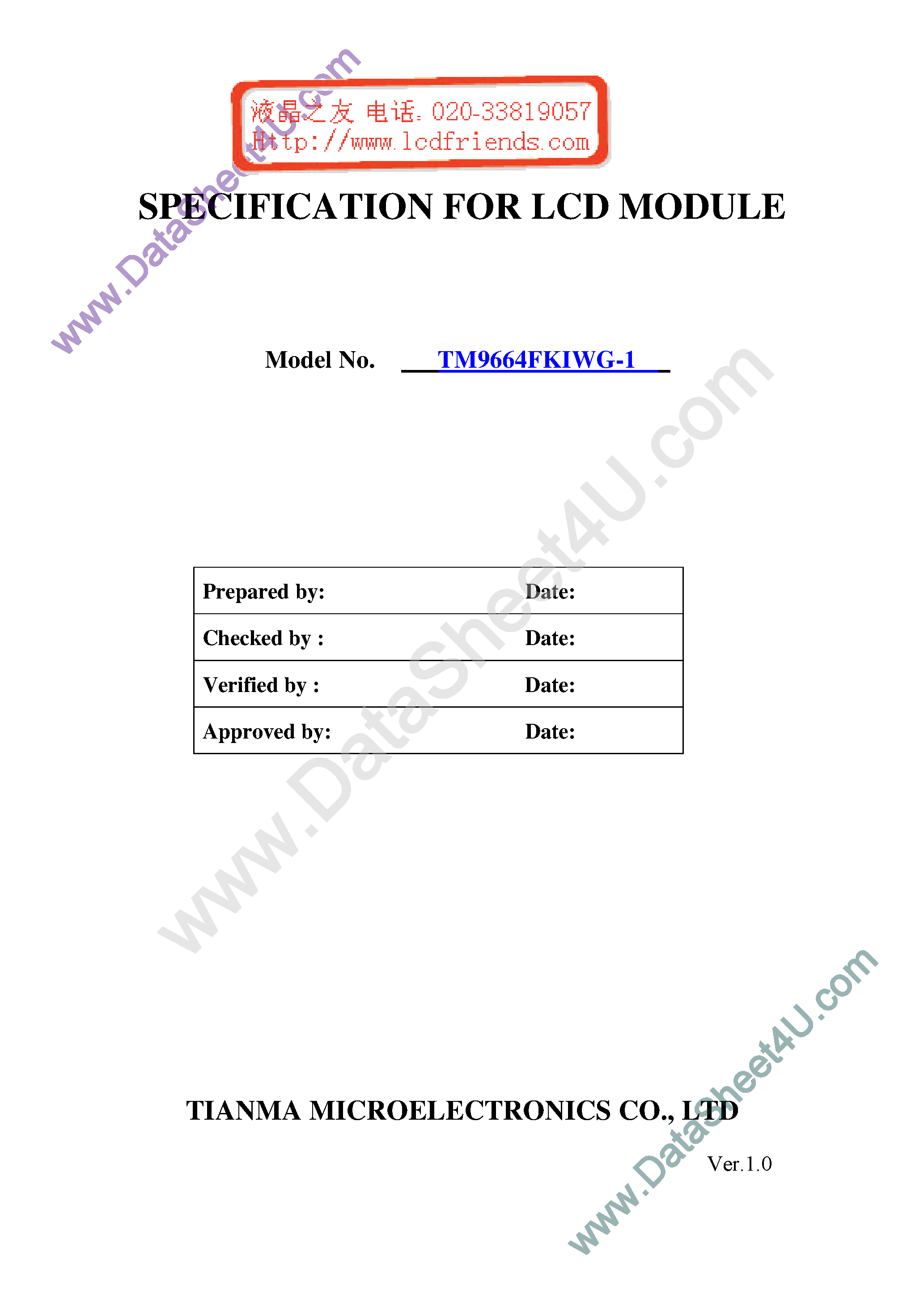 Datasheet TM9664FKIWG-1 SPECS page 1 Datasheet TM9664FKIWG-1 SPECS - LCD_Module page 1