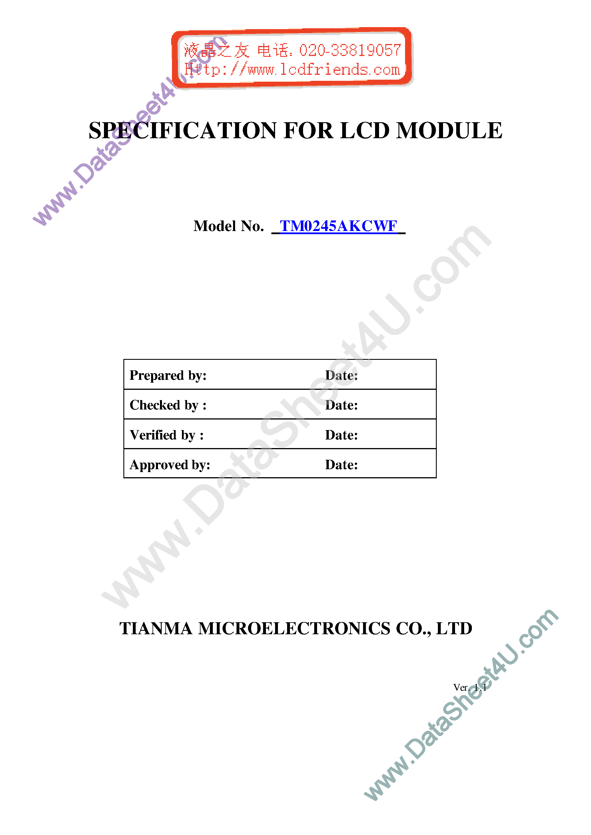 Datasheet TM0245AKCWF 1 page 1 Datasheet TM0245AKCWF 1 - LCD_Module page 1