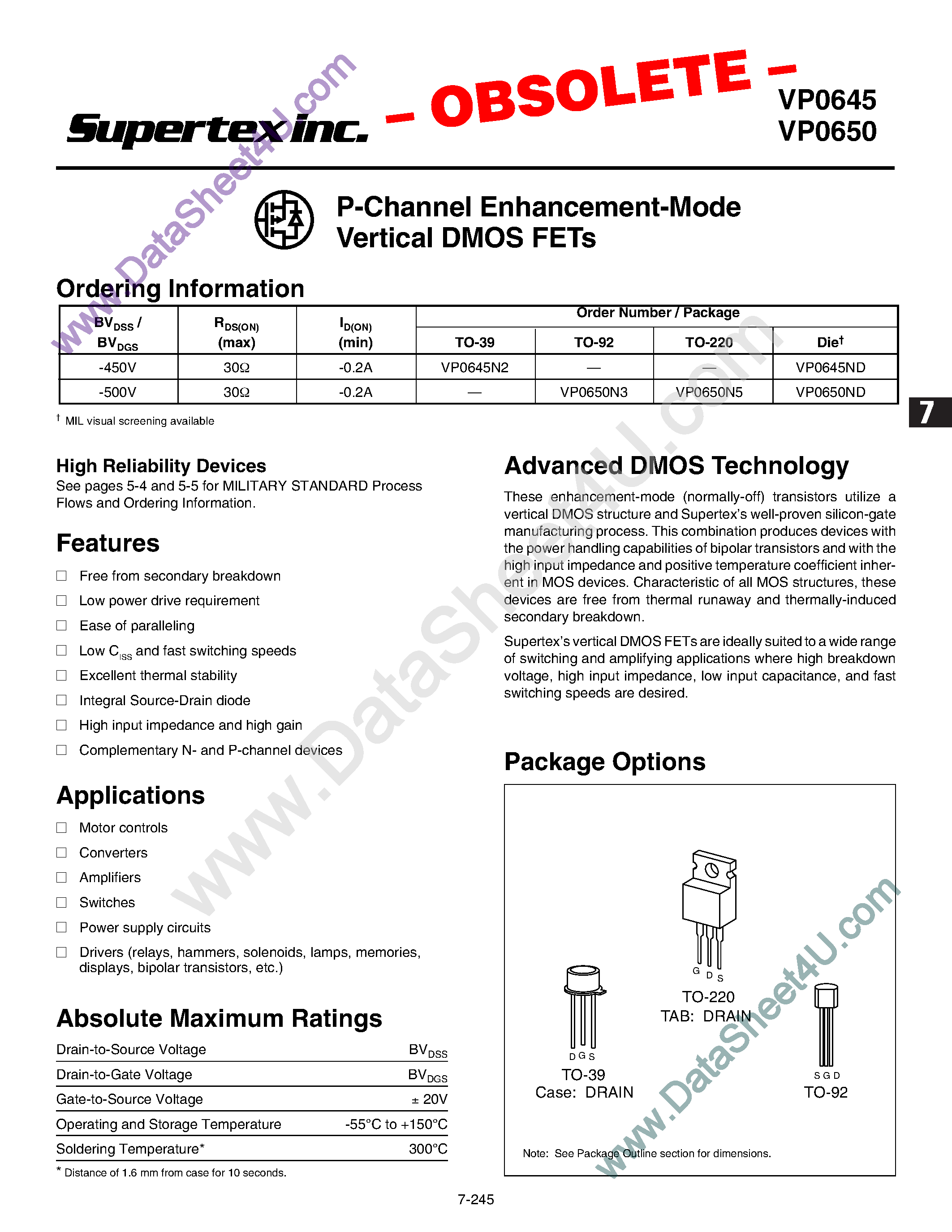 Даташит VP0645 - (VP0645 / VP0650) P-Channel Enhancement Mode Vertical DMOS FETs страница 1