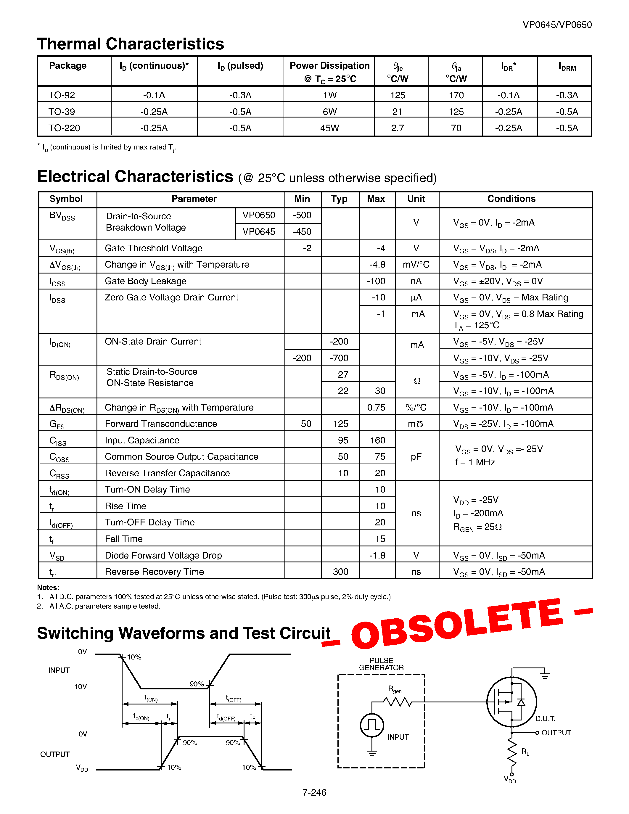 Даташит VP0645 - (VP0645 / VP0650) P-Channel Enhancement Mode Vertical DMOS FETs страница 2