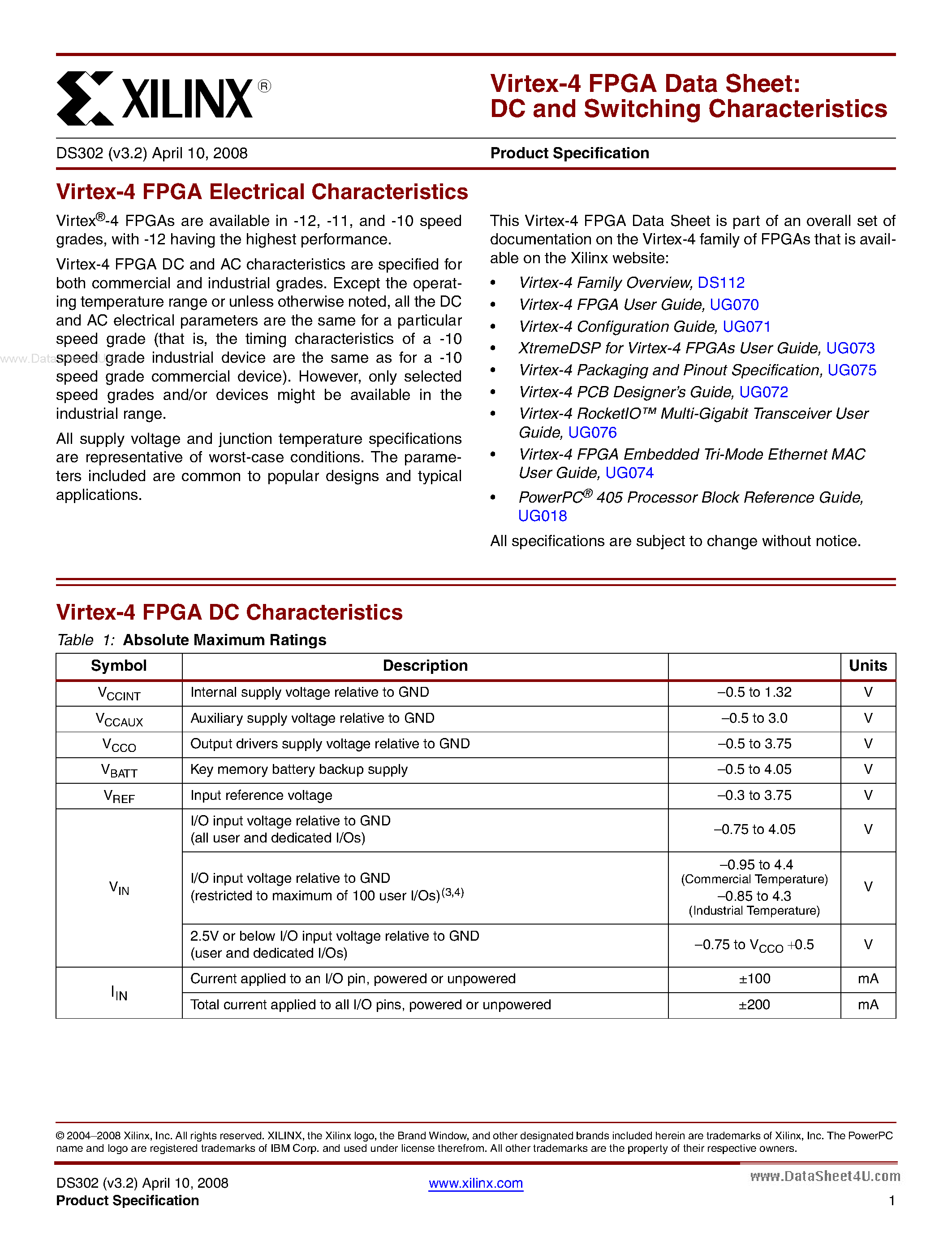 Datasheet XC4VFX100 - (XC4VL(s)X15 - XC4VL(s)X200) FPGA (Field-Programmable Gate Array) page 1