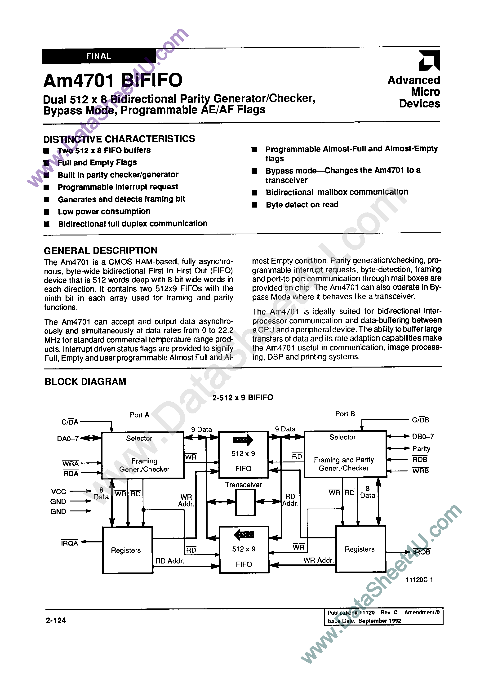 Datasheet AM4701 - Dual 512 x 8 Bidirectional Parity Generator/Checker page 1