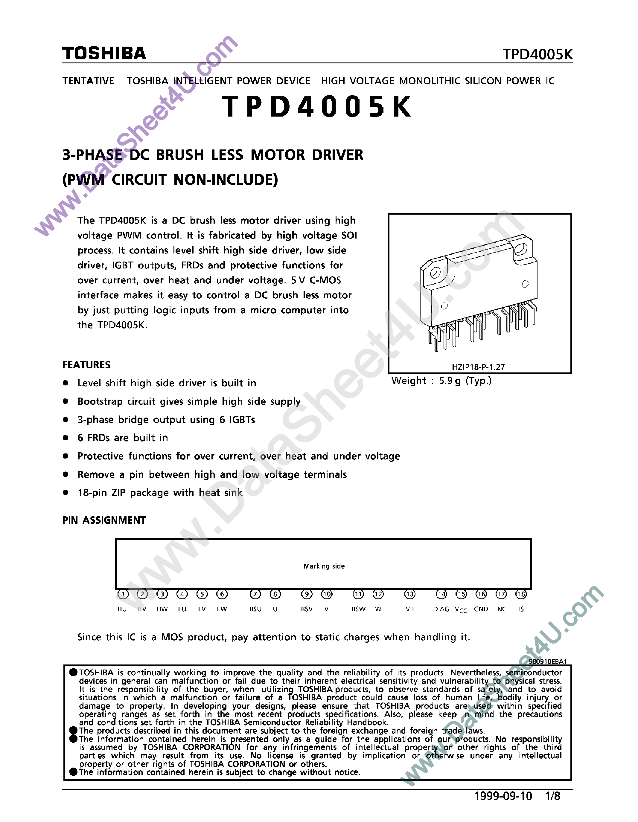 Datasheet TPD4005K - 3-Phase DC Brush Less Motor Driver page 1