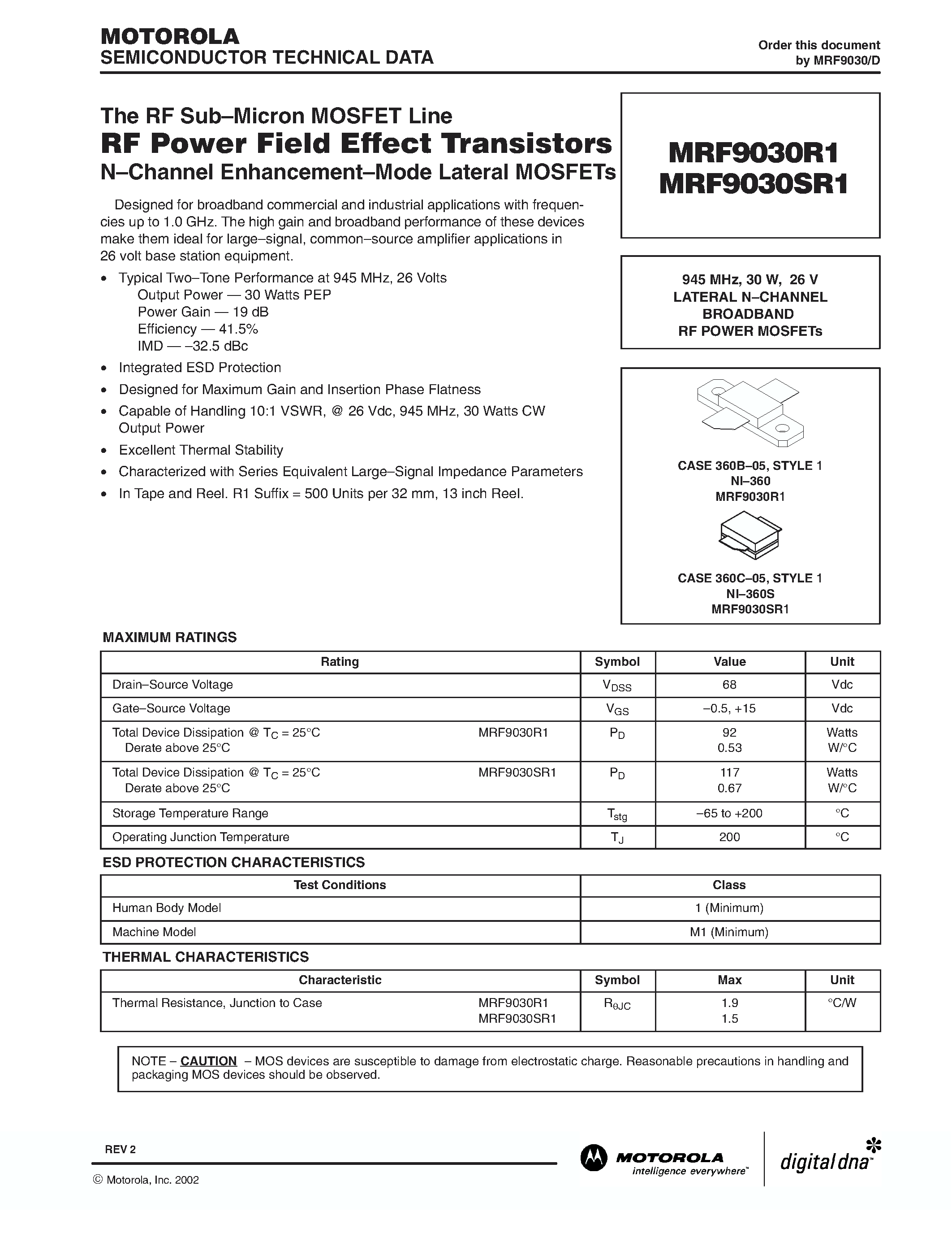 Datasheet MRF9030R1 - RF POWER FIELD EFFECT TRANSISTORS page 1