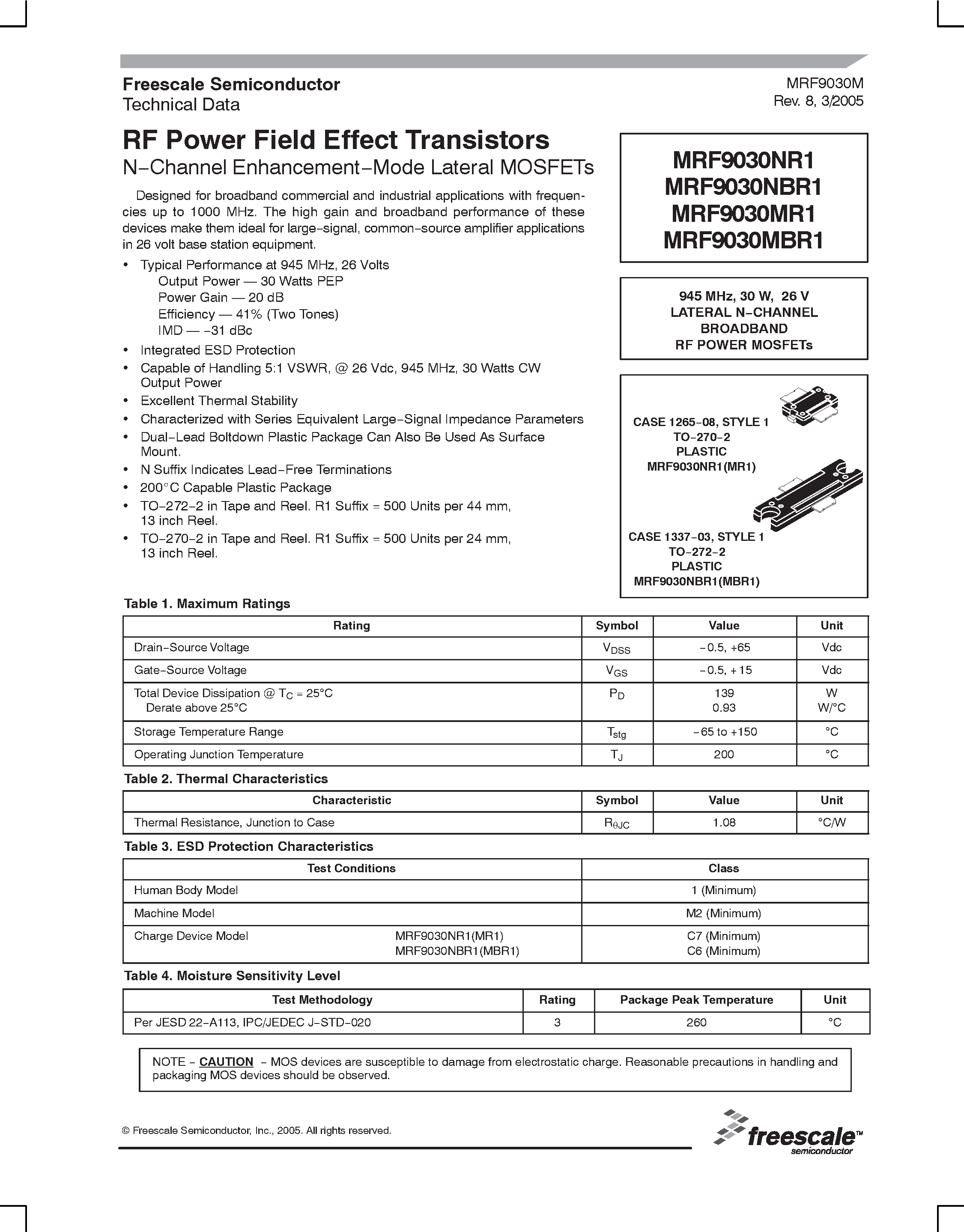 Datasheet MRF9030MBR1 - RF Power Field Effect Transistors page 1