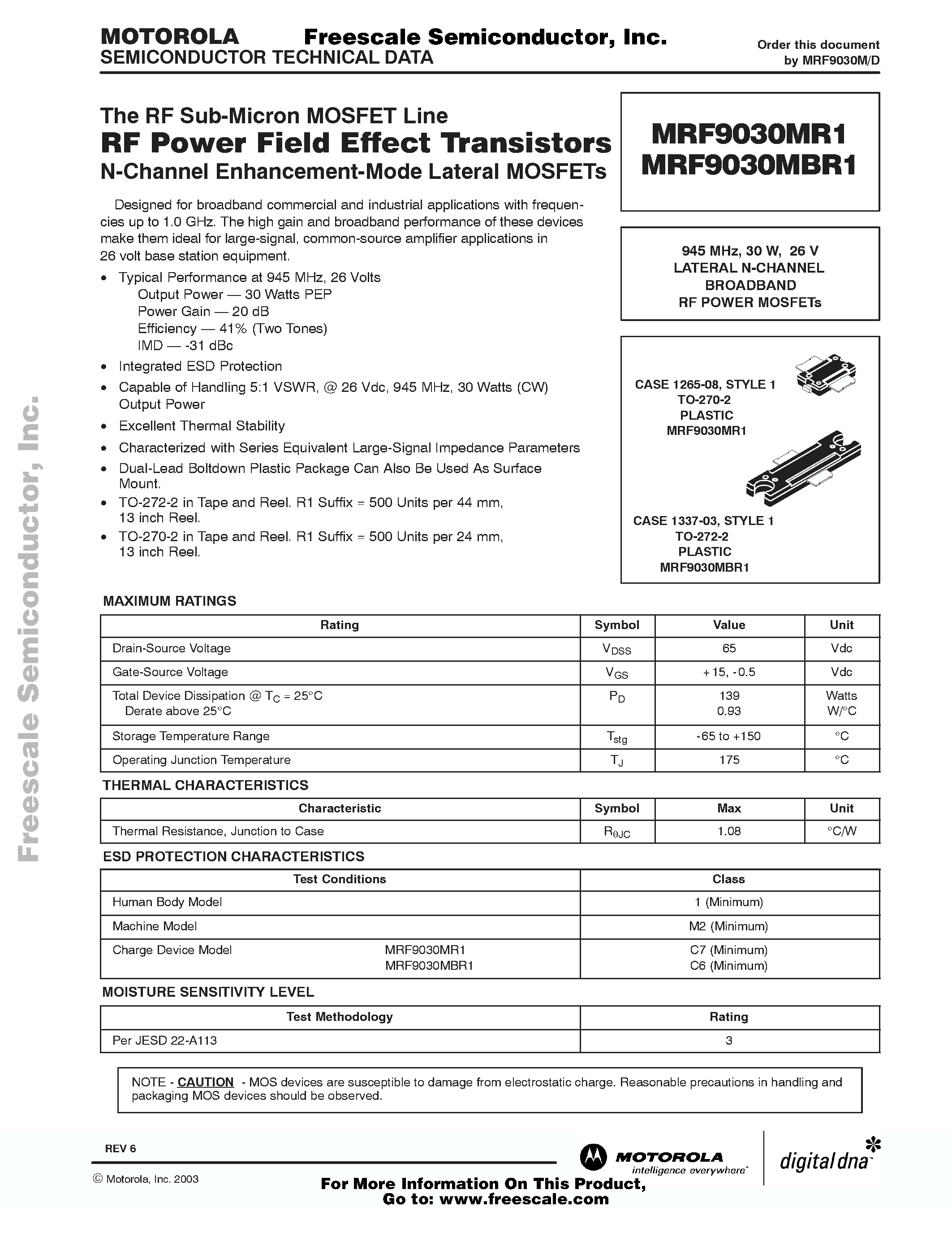 Datasheet MRF9030MBR1 - The RF Sub-Micron MOSFET Line RF POWER FIELD EFFECT TRANSISTORS N-Channel Enhancement-Mode Lateral MOSFETs page 1