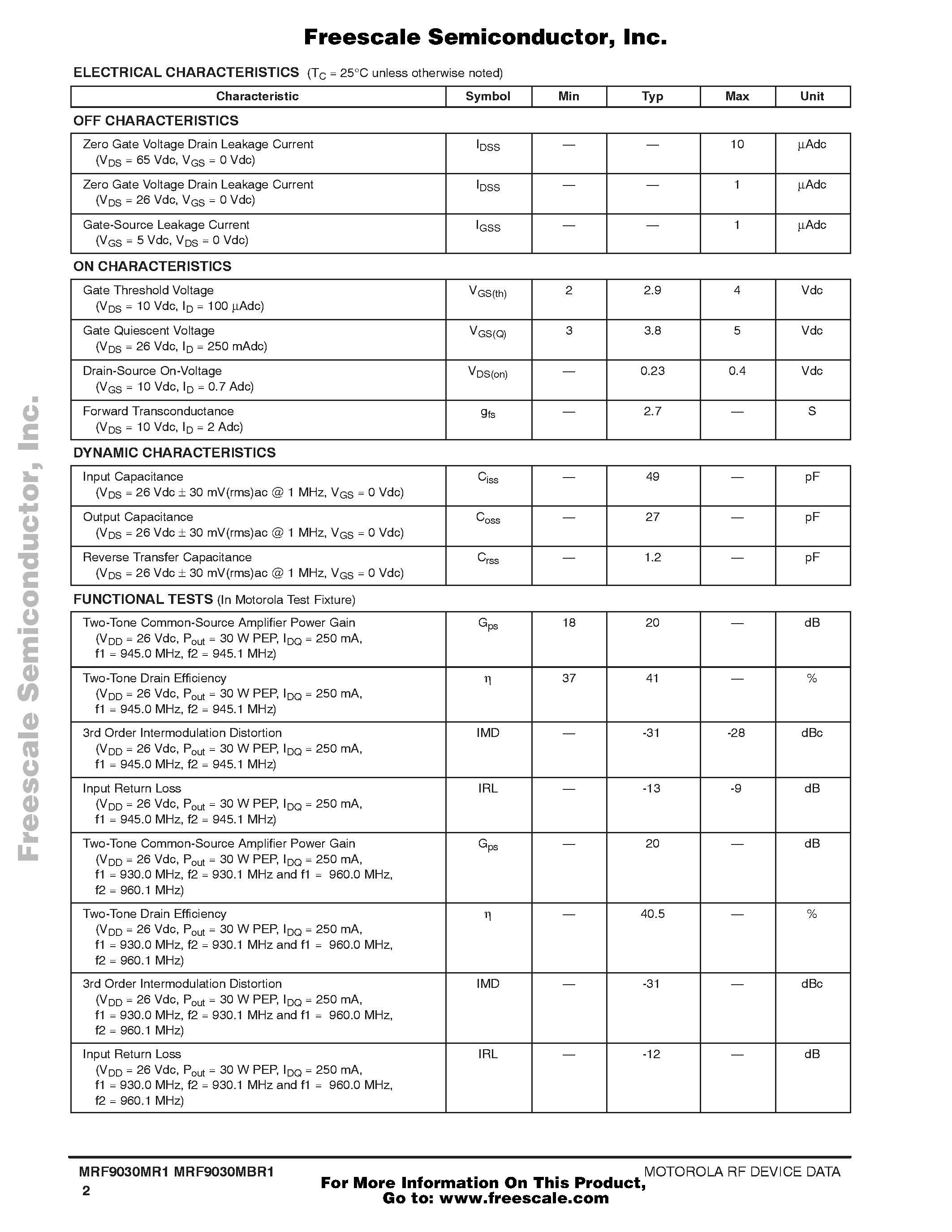 Datasheet MRF9030MBR1 - The RF Sub-Micron MOSFET Line RF POWER FIELD EFFECT TRANSISTORS N-Channel Enhancement-Mode Lateral MOSFETs page 2