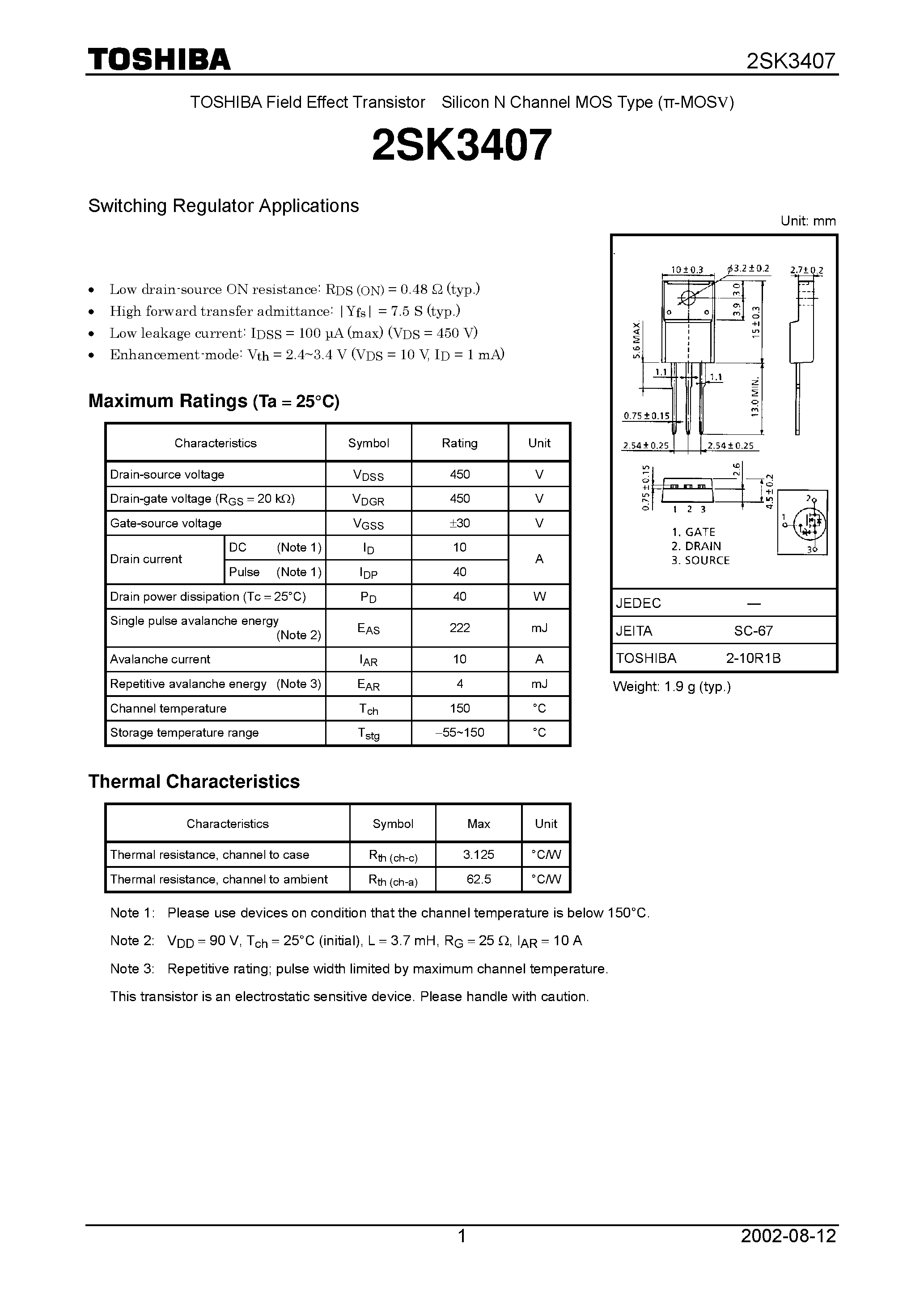 Datasheet 2SK3407 - TOSHIBA Field Effect Transistor Silicon N Channel MOS Type page 1