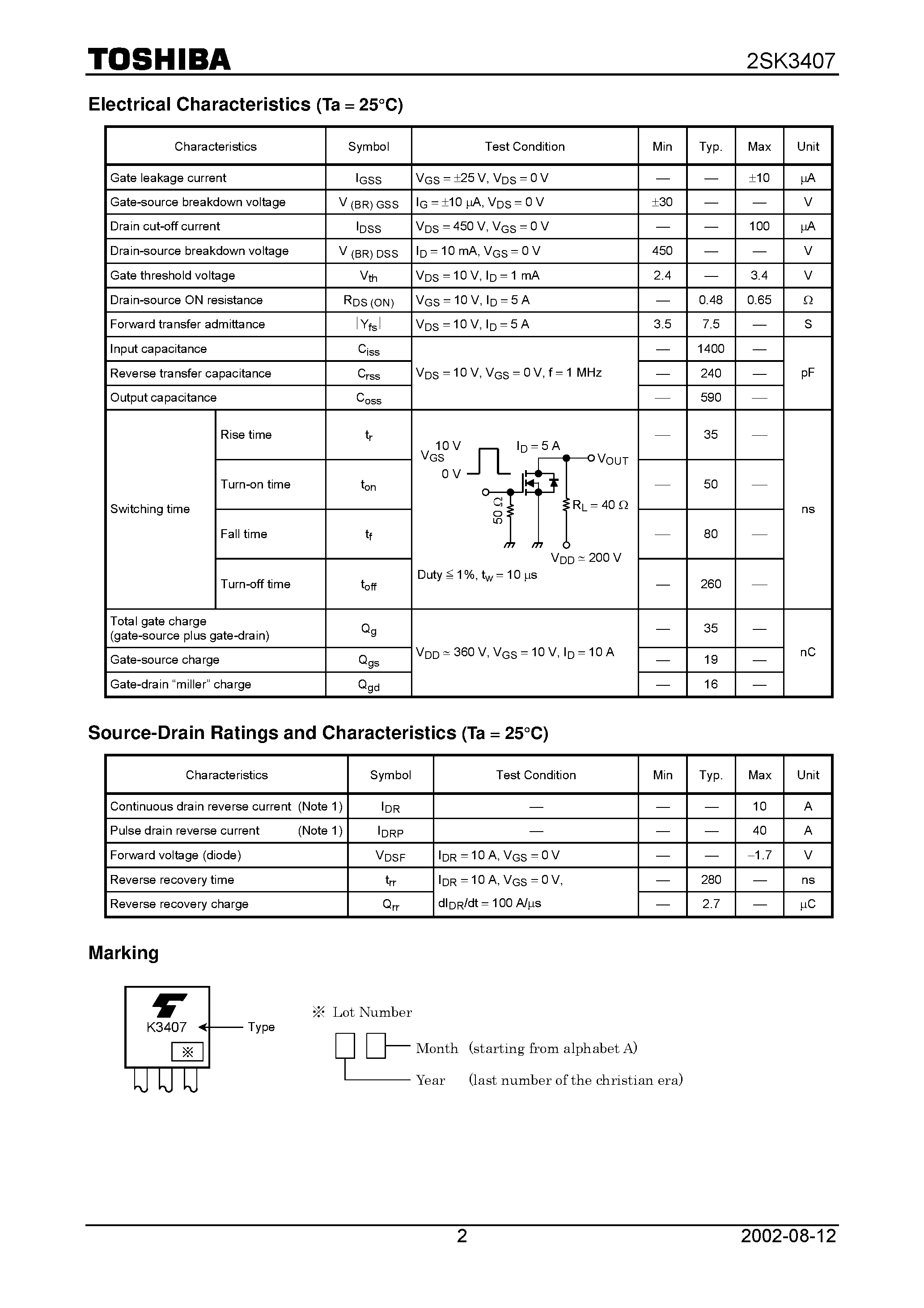 Datasheet 2SK3407 - TOSHIBA Field Effect Transistor Silicon N Channel MOS Type page 2