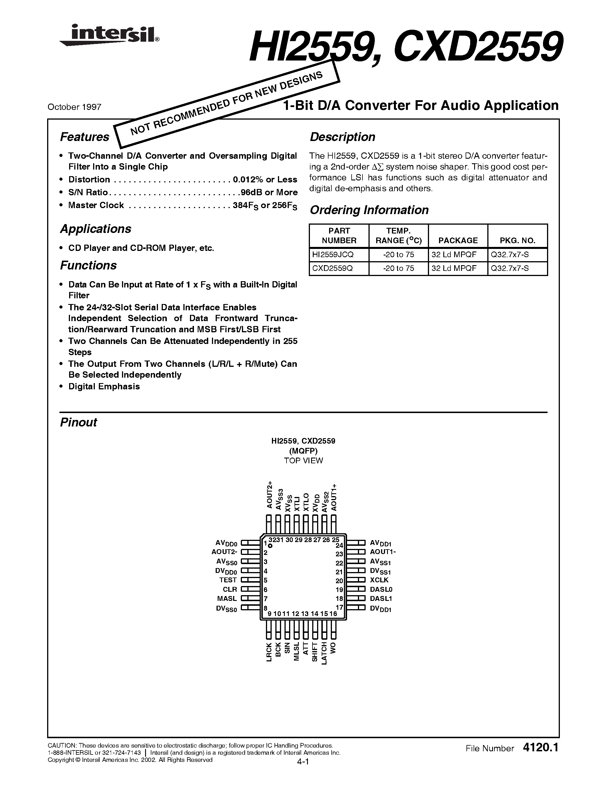 Datasheet CXD2559 page 1 Datasheet CXD2559 - 1-Bit D/A Converter For Audio Application page 1