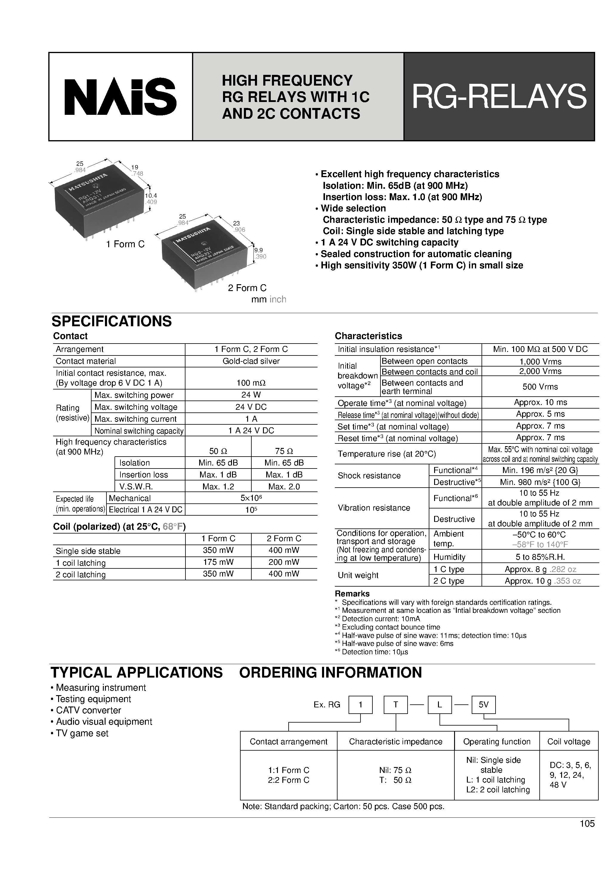Даташит RG1-12V - HIGH FREQUENCY RG RELAYS WITH 1C AND 2C CONTACTS страница 1