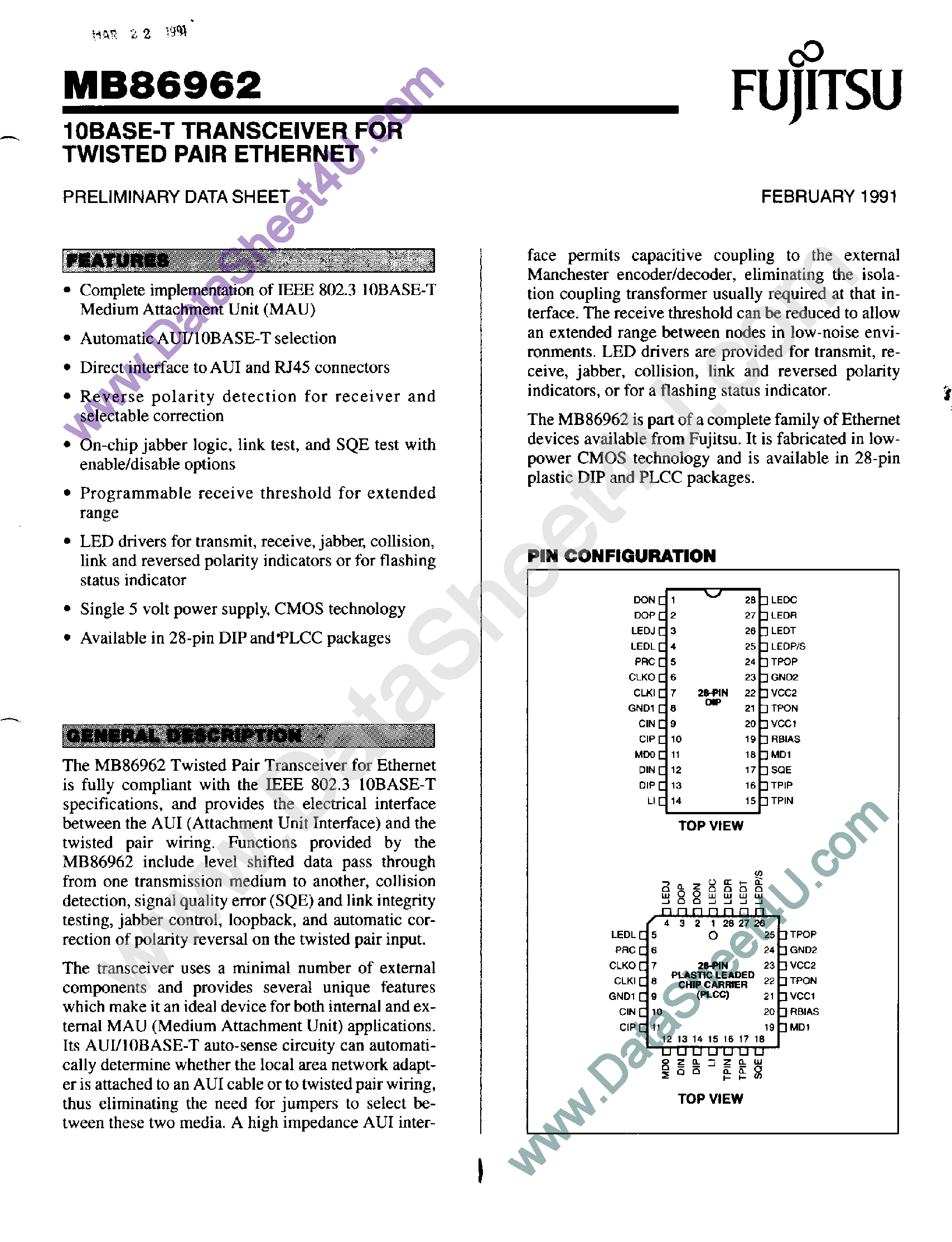 Даташит на микросхему MB86962 страница 1 Даташит MB86962 - 10Base-T Transceiver страница 1