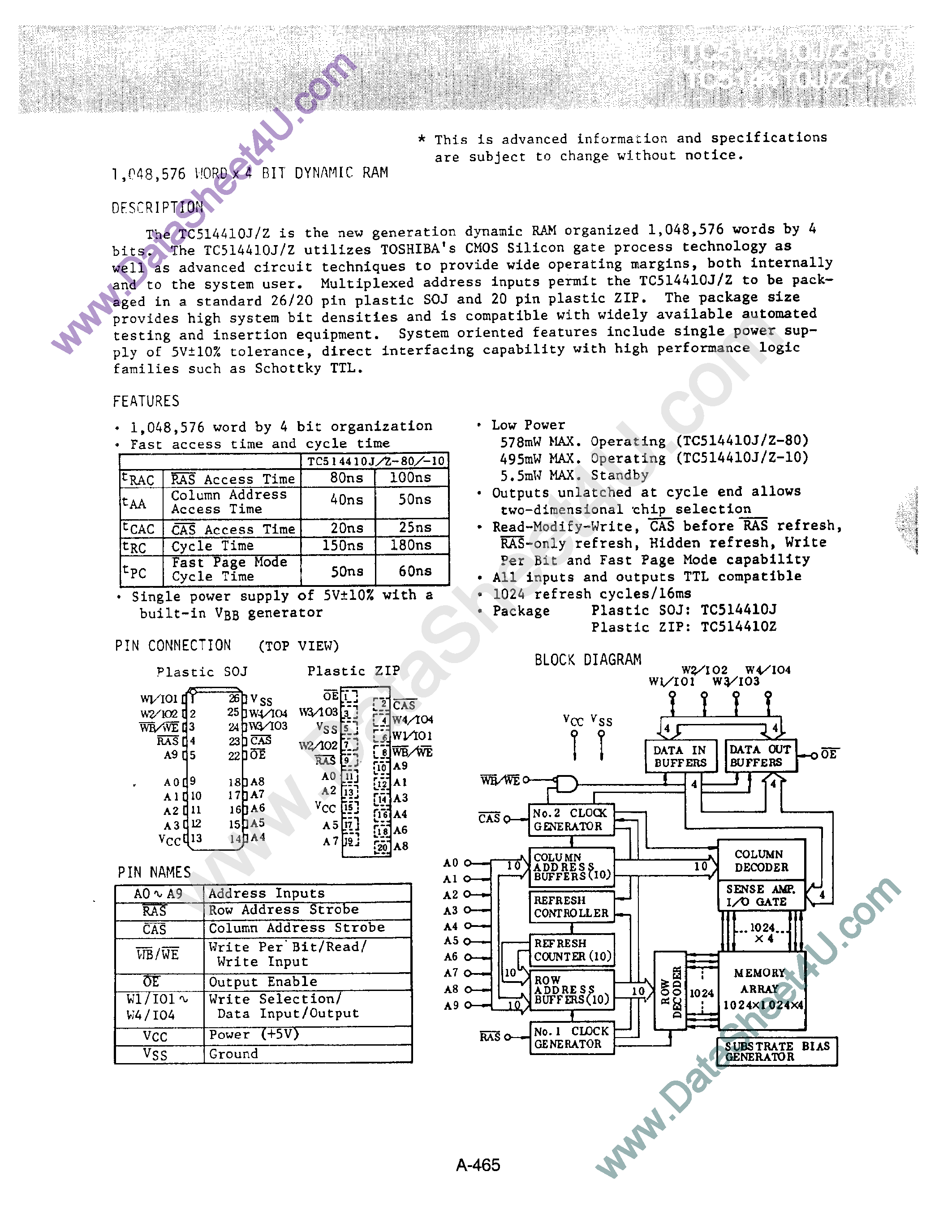 Datasheet TC514410J - 1048576 Word x 4 Bit DRAM page 1