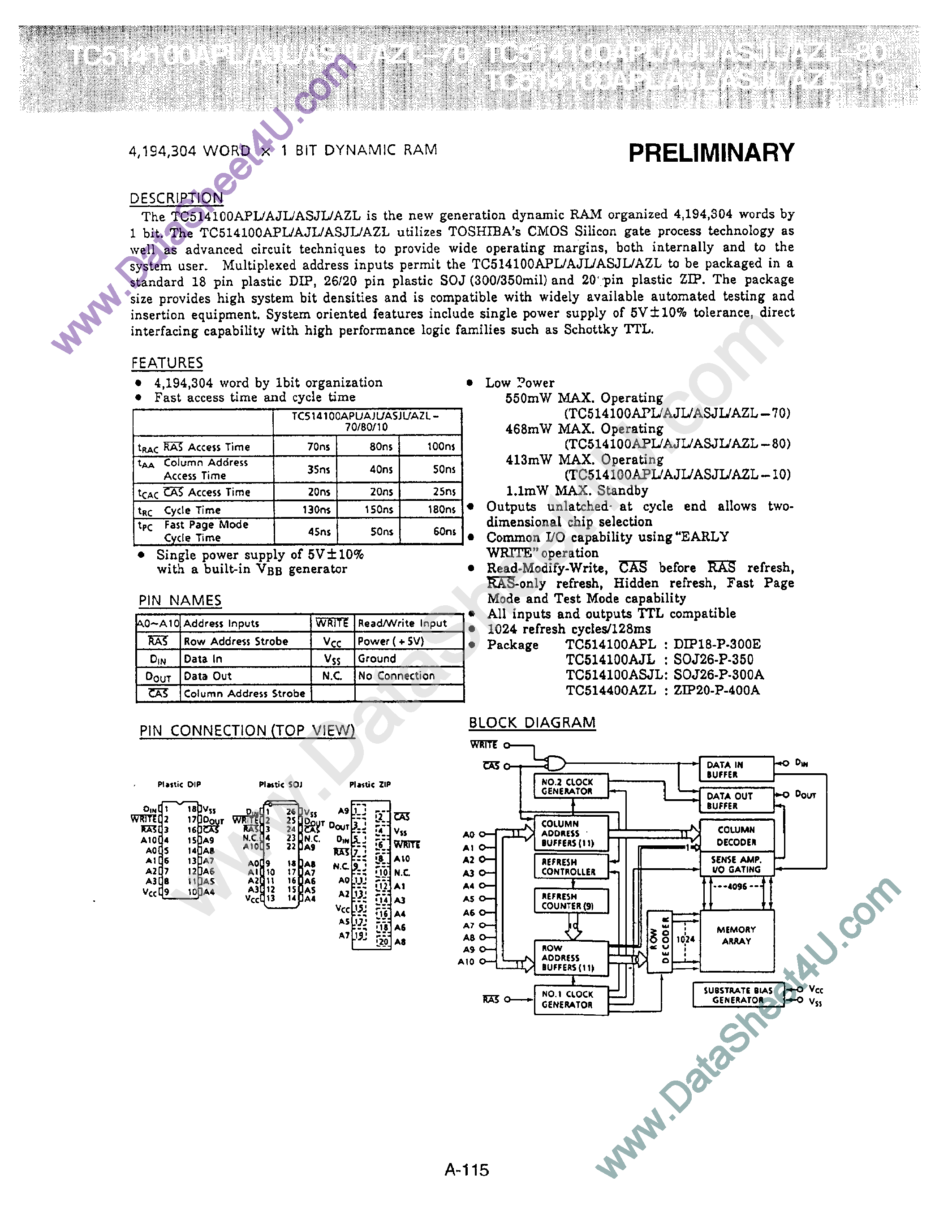 Даташит TC514100A - 4194304 Word X 1 Bit Dynamic RAM страница 1