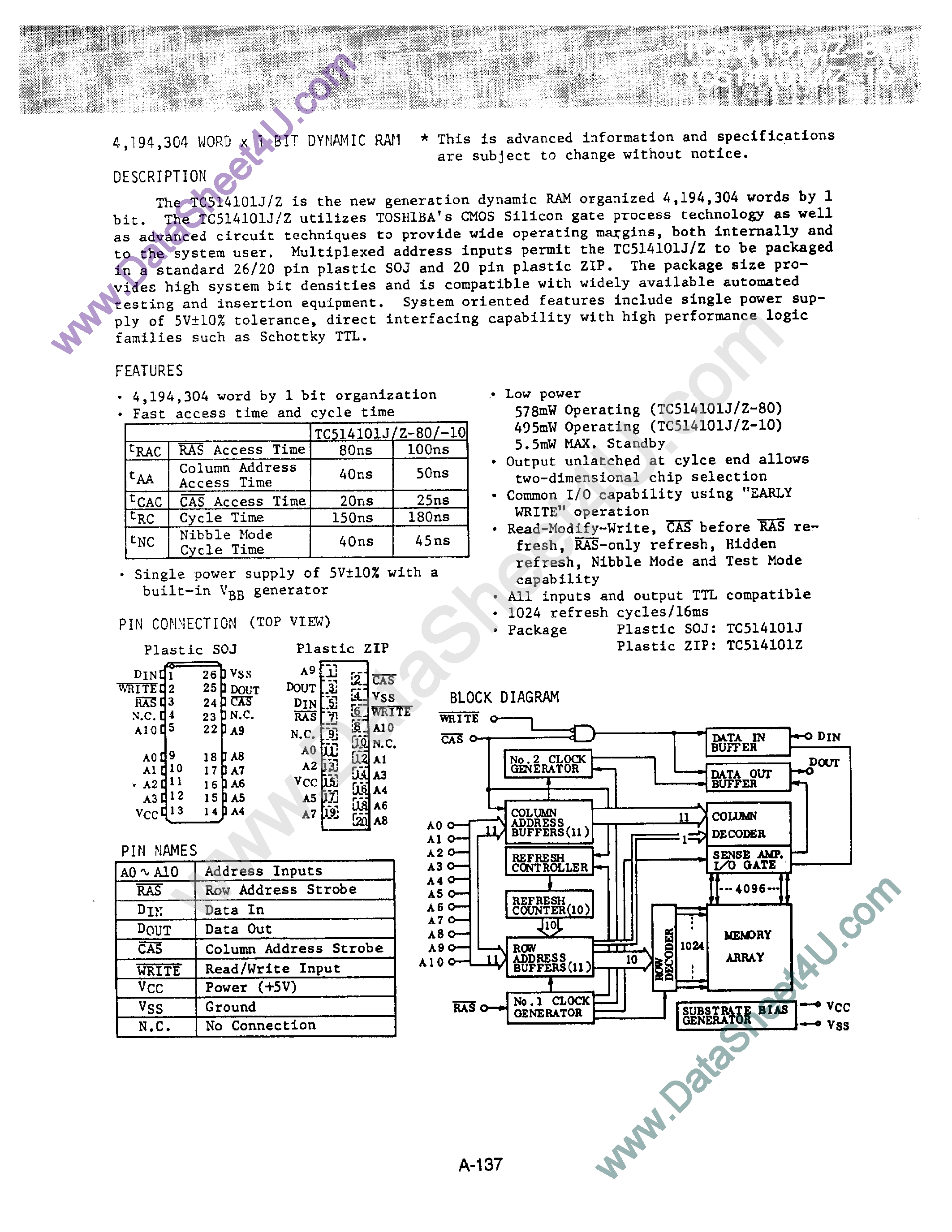 Даташит на микросхему TC514101J страница 1 Даташит TC514101J - 4194304 Word X 1 Bit Dynamic RAM страница 1