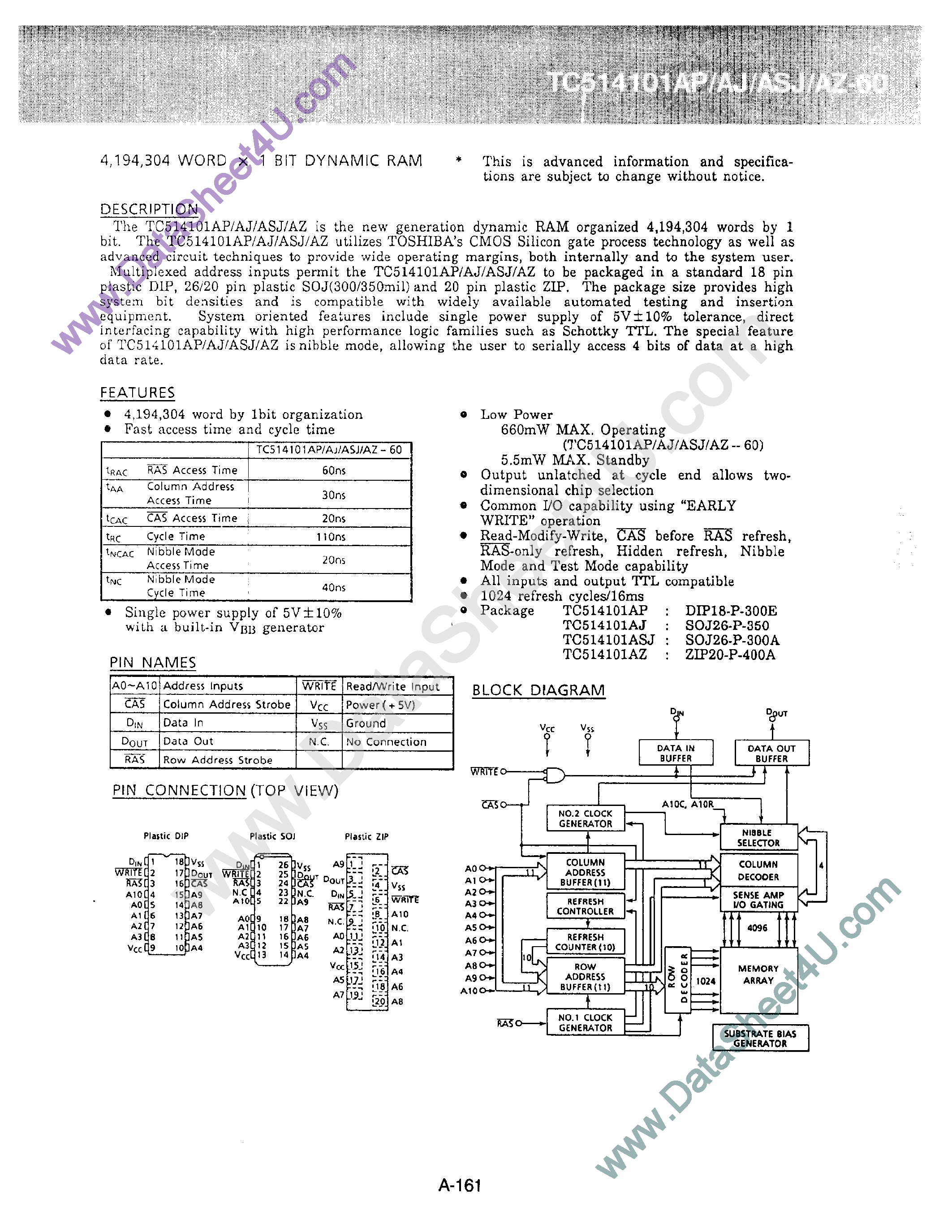 Даташит TC514101A - 4194304 Word X 1 Bit Dynamic RAM страница 1