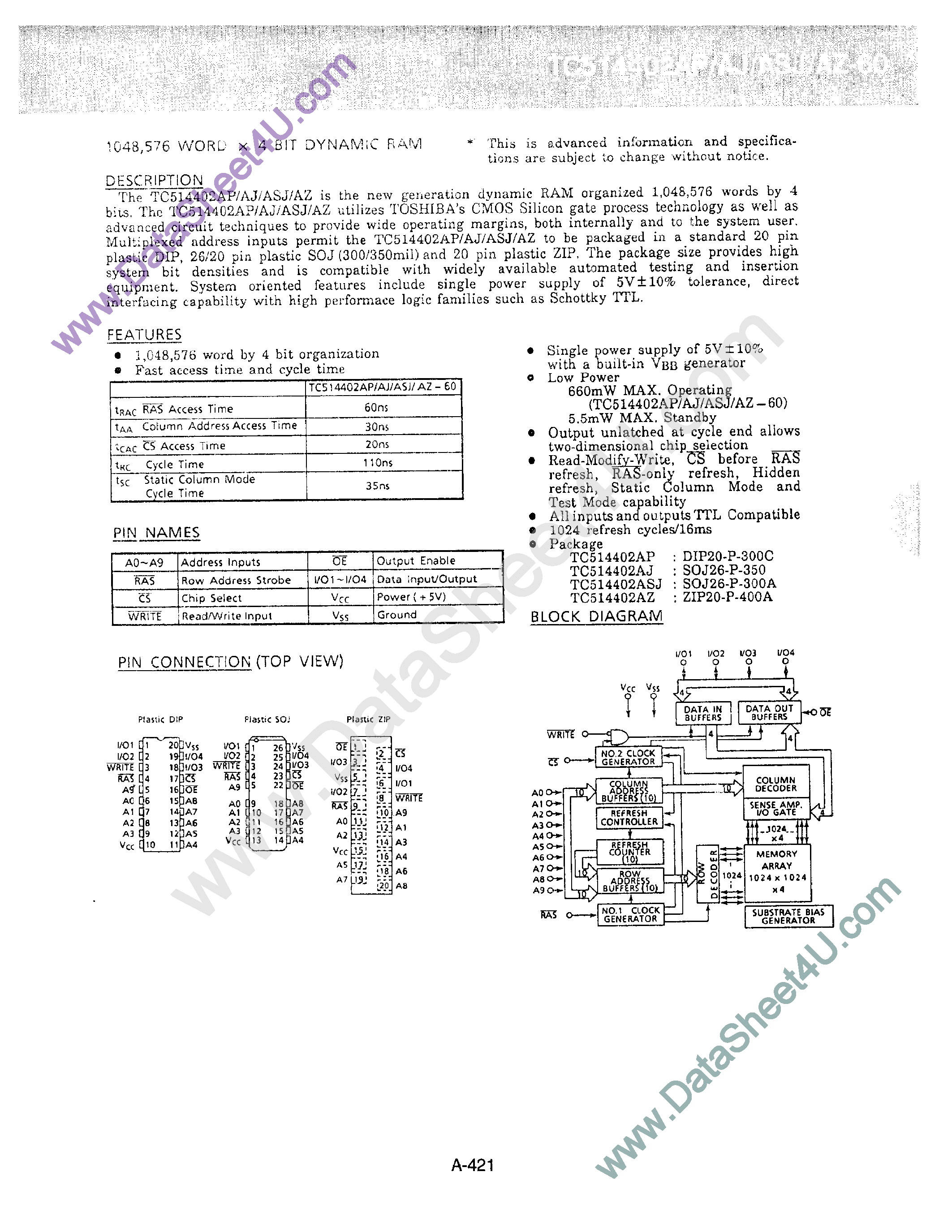 Datasheet TC514402A - 1048576 Word x 4 Bit DRAM page 1
