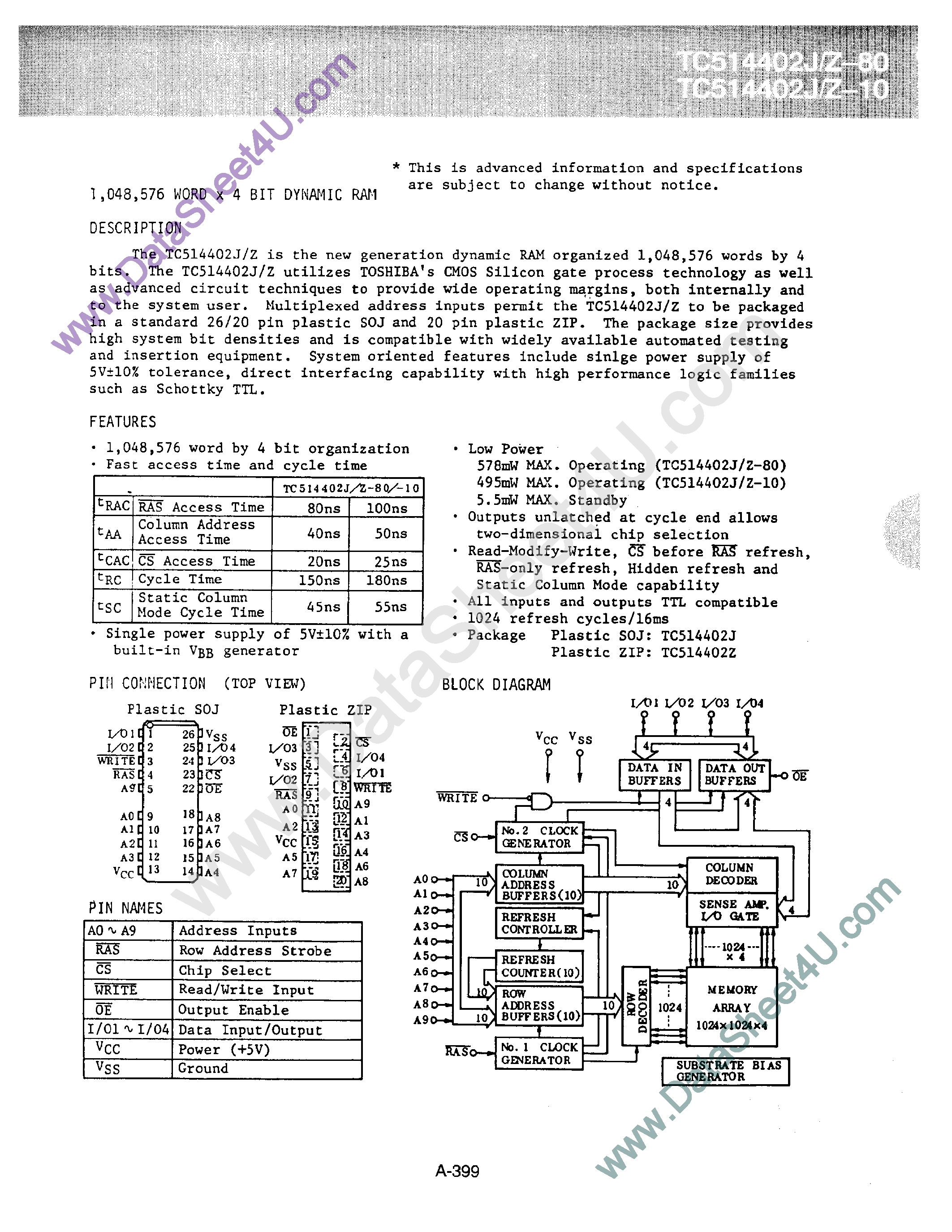 Datasheet TC514402J - 1048576 Word x 4 Bit DRAM page 1