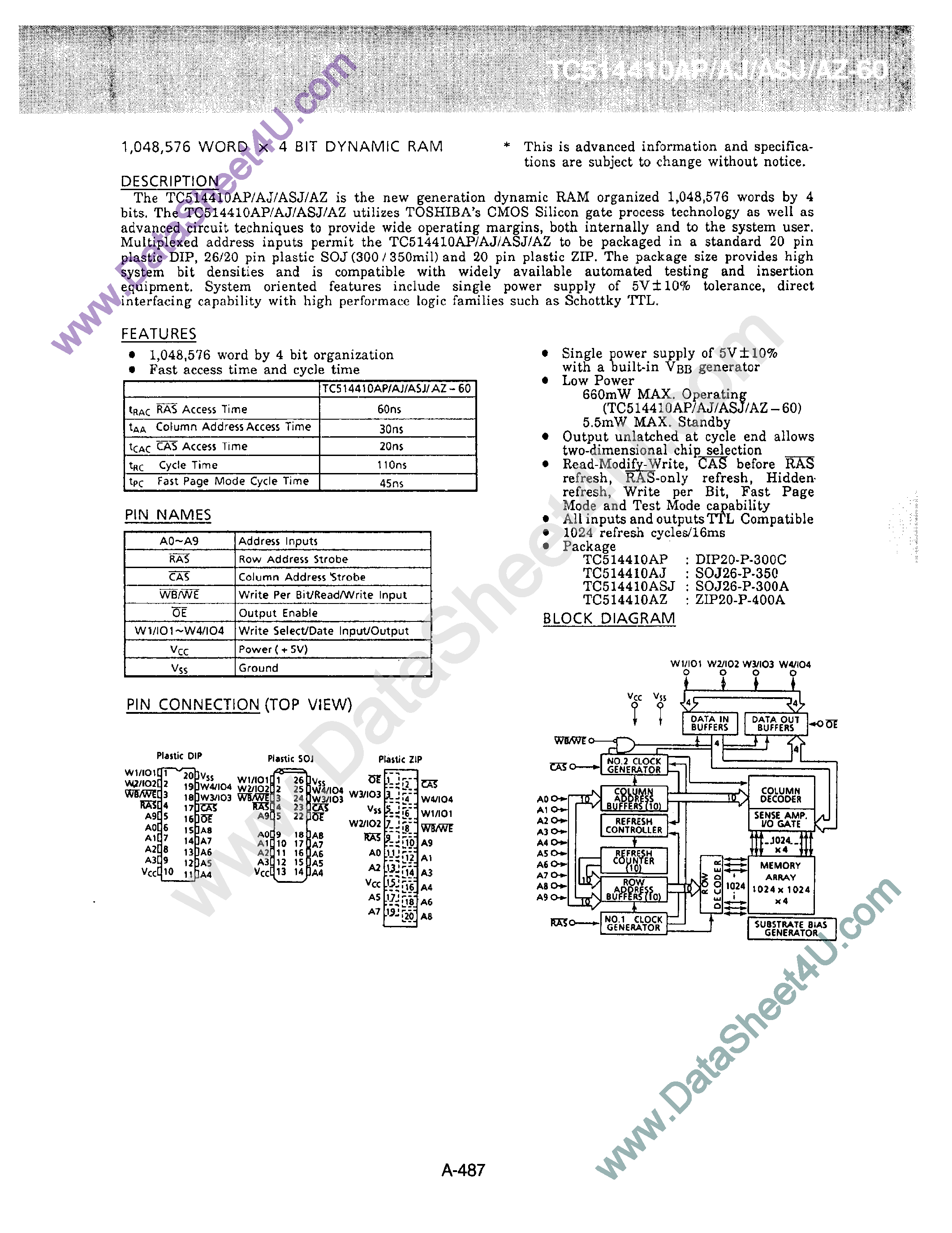 Datasheet TC514410A - 1048576 Word x 4 Bit DRAM page 1