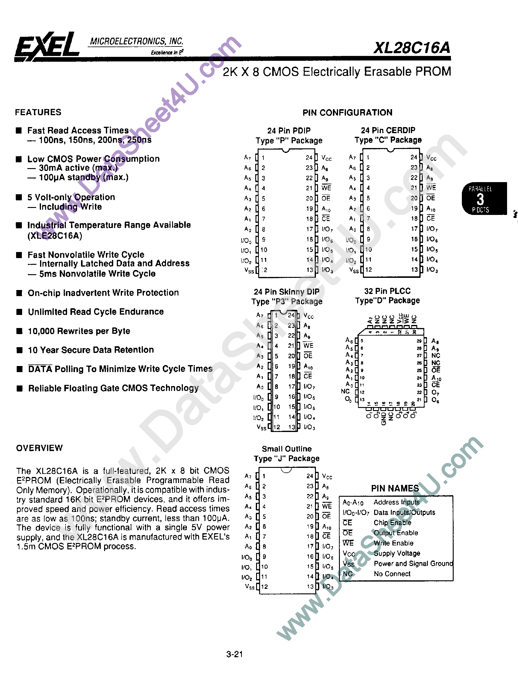 Datasheet XL28C16A page 1 Datasheet XL28C16A - 2K x 8 CMOS EEPROM page 1