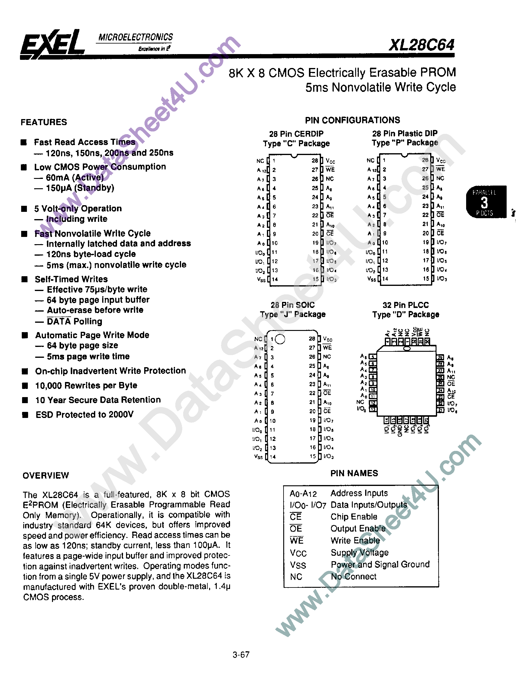 Даташит XL28C64 - 8K x 8 CMOS EEPROM страница 1