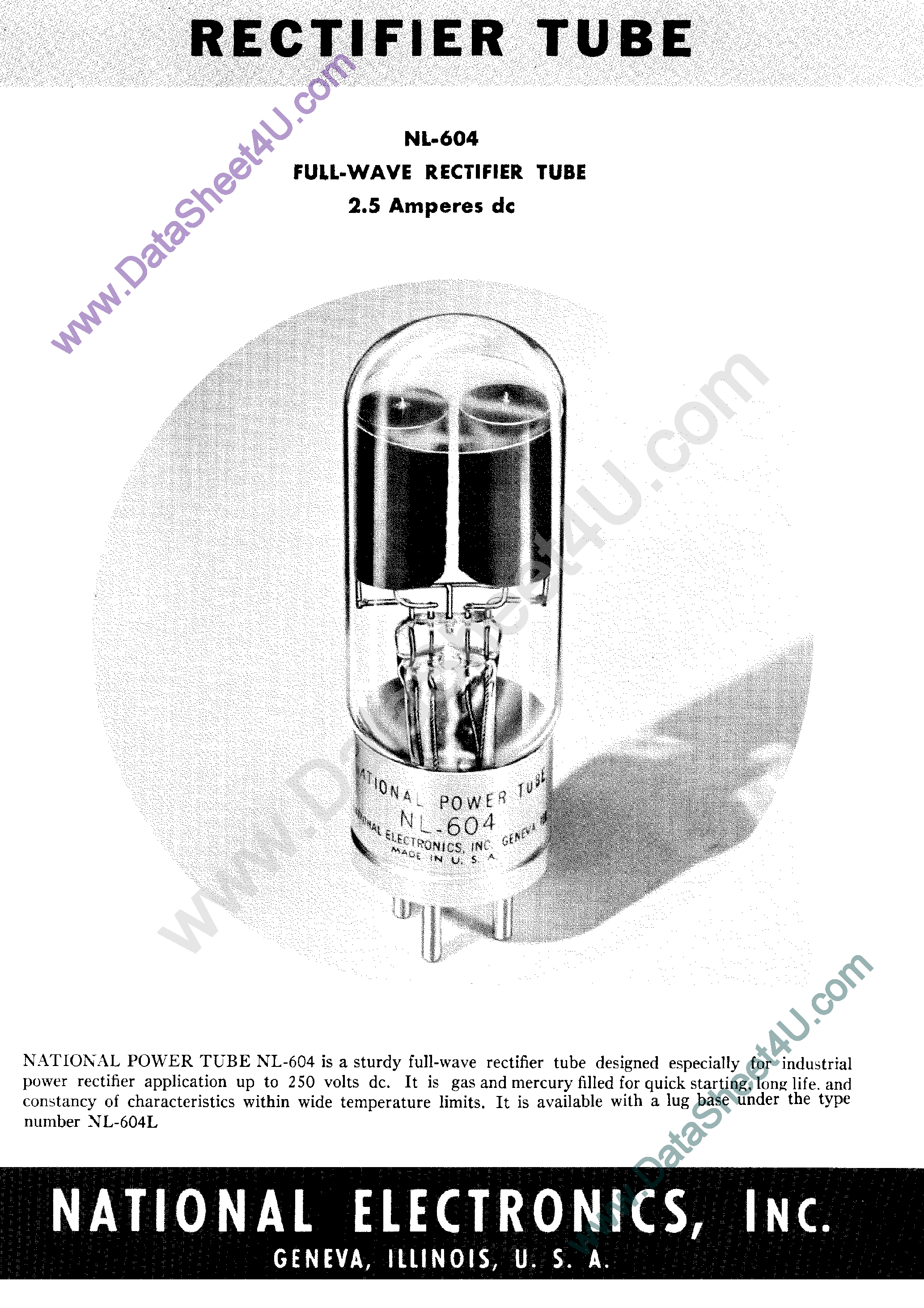 Даташит NL-604 - Full Wave Rectifier Tube страница 1