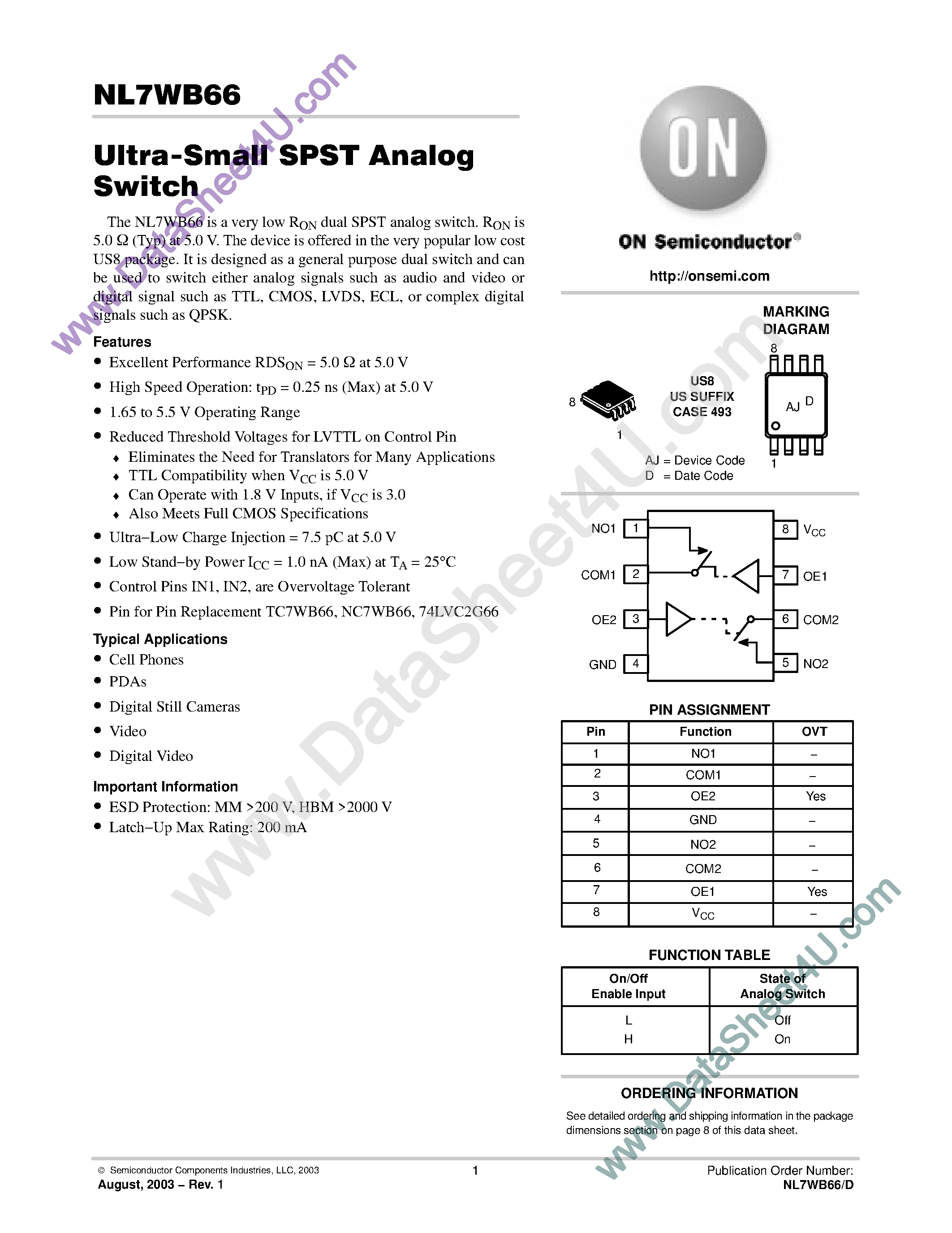Datasheet NL7WB66 page 1 Datasheet NL7WB66 - Ultra-Small SPST Analog Switch page 1