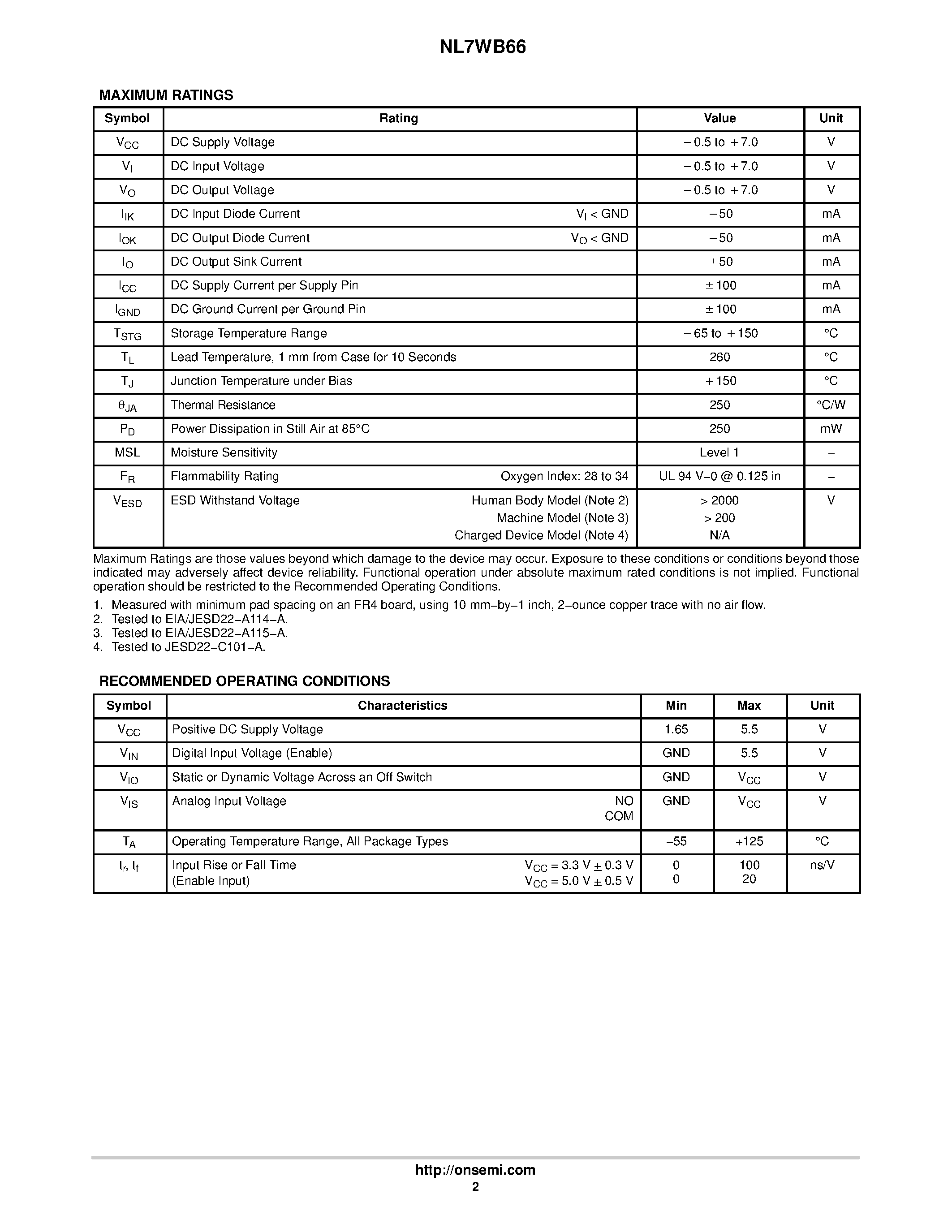 Datasheet NL7WB66 page 2 Datasheet NL7WB66 - Ultra-Small SPST Analog Switch page 2
