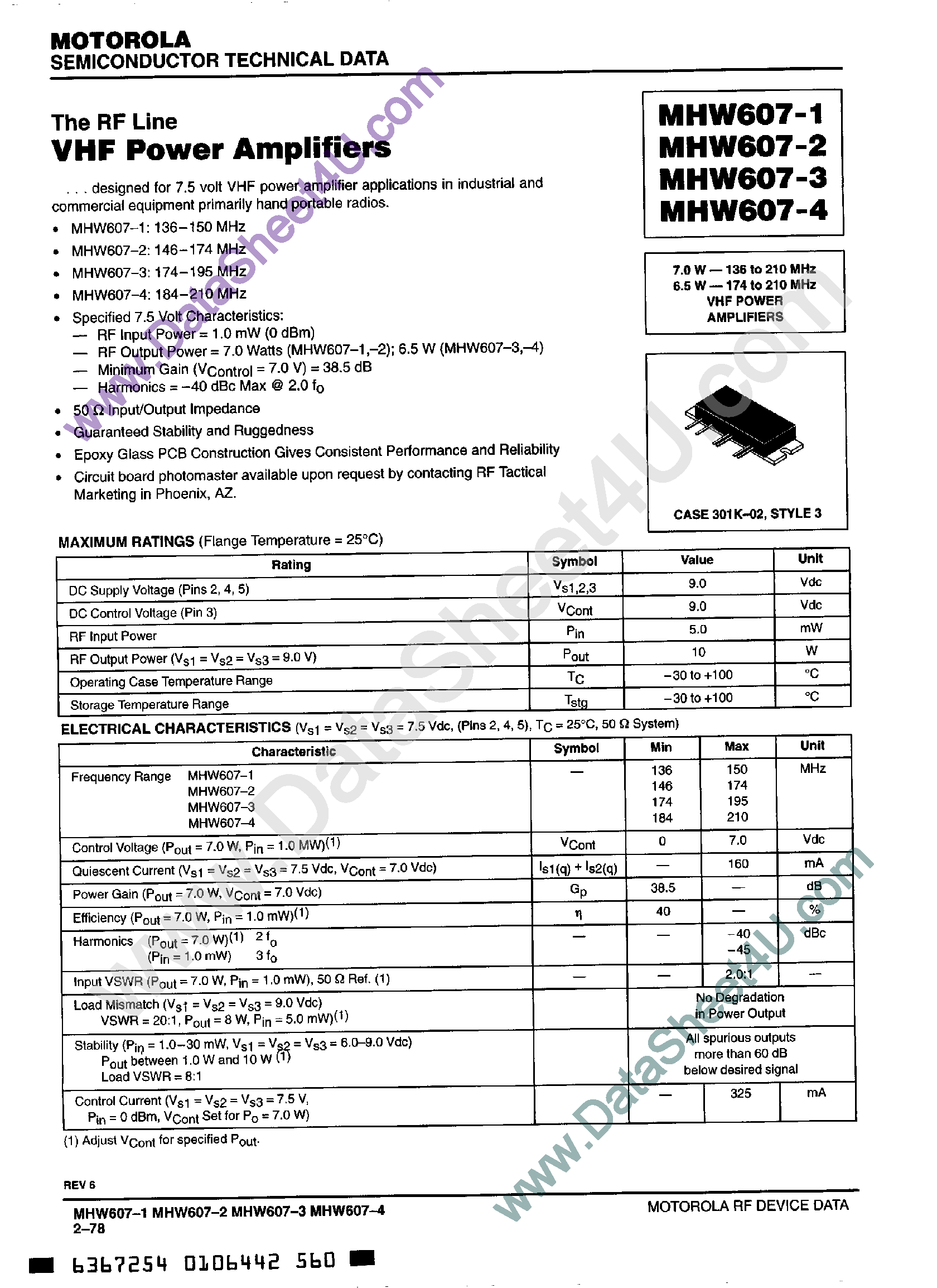 Datasheet MHW607-1 - (MHW607-x) VHF Power Amplifiers page 1