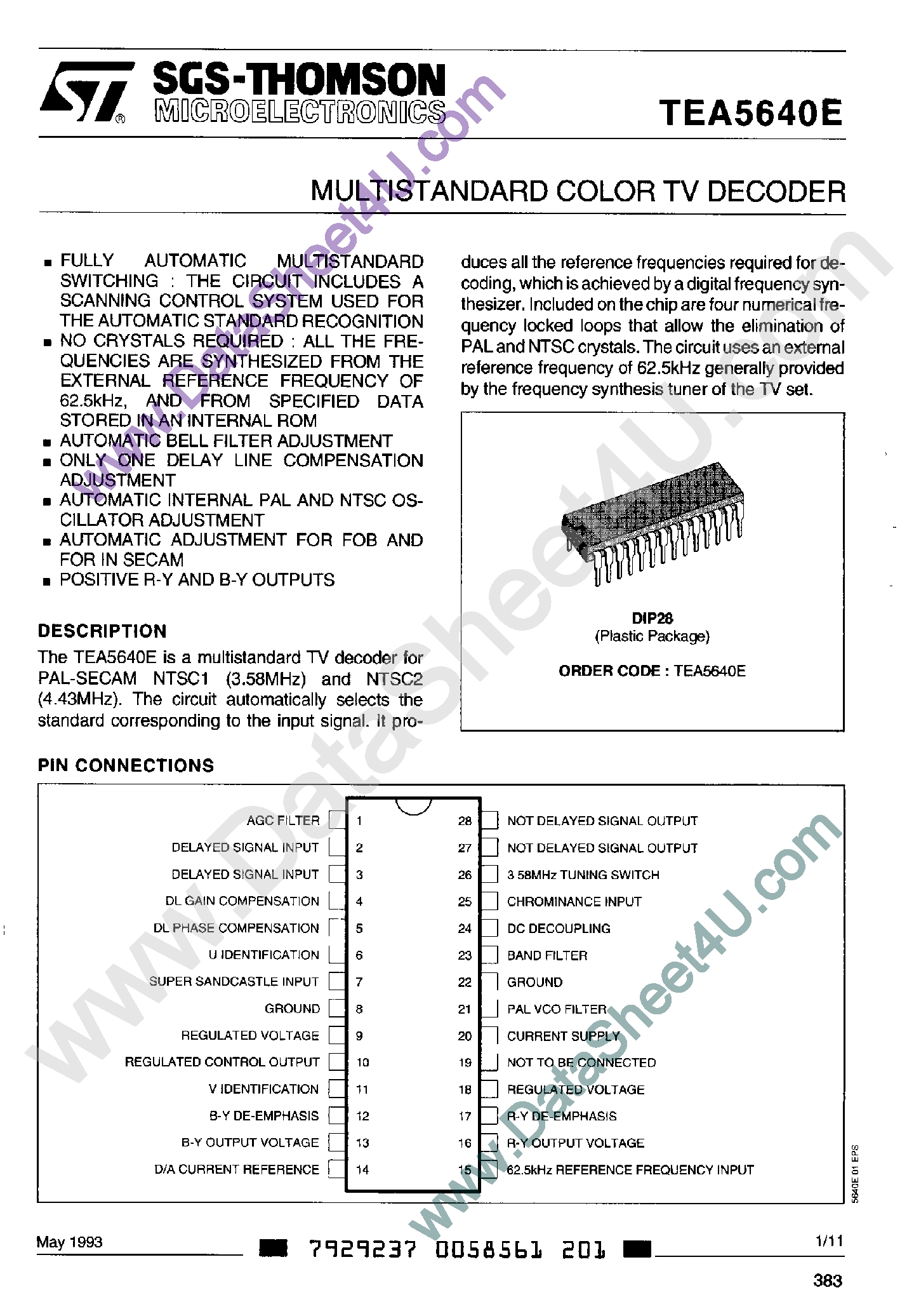 Даташит TEA5640E - Multistandard Color TV Decoder страница 1