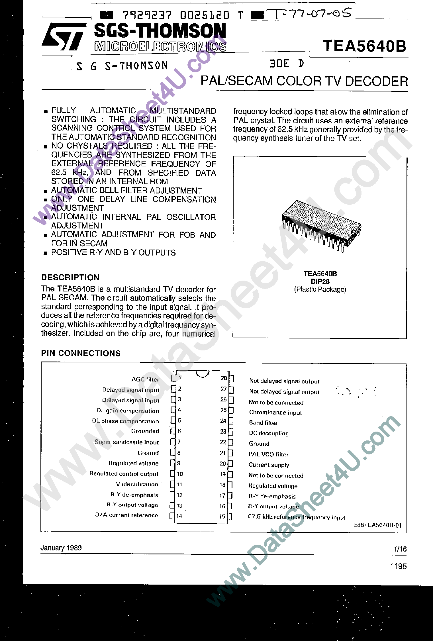 Даташит TEA5640B - PAL / SECAM Color TV Decoder страница 1