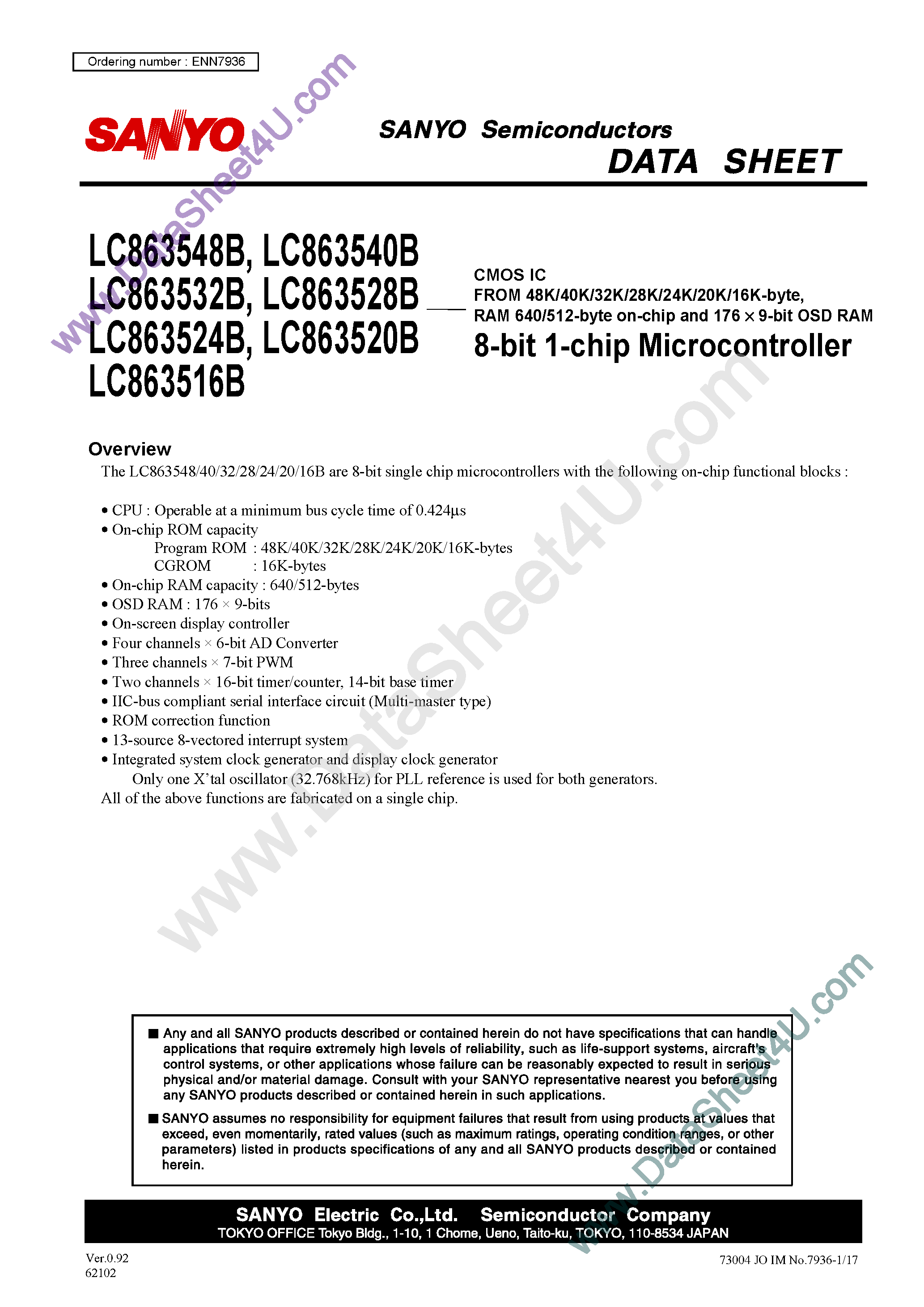 Datasheet LC863516B - (LC8635xxB) 8-bit 1-chip Microcontroller page 1